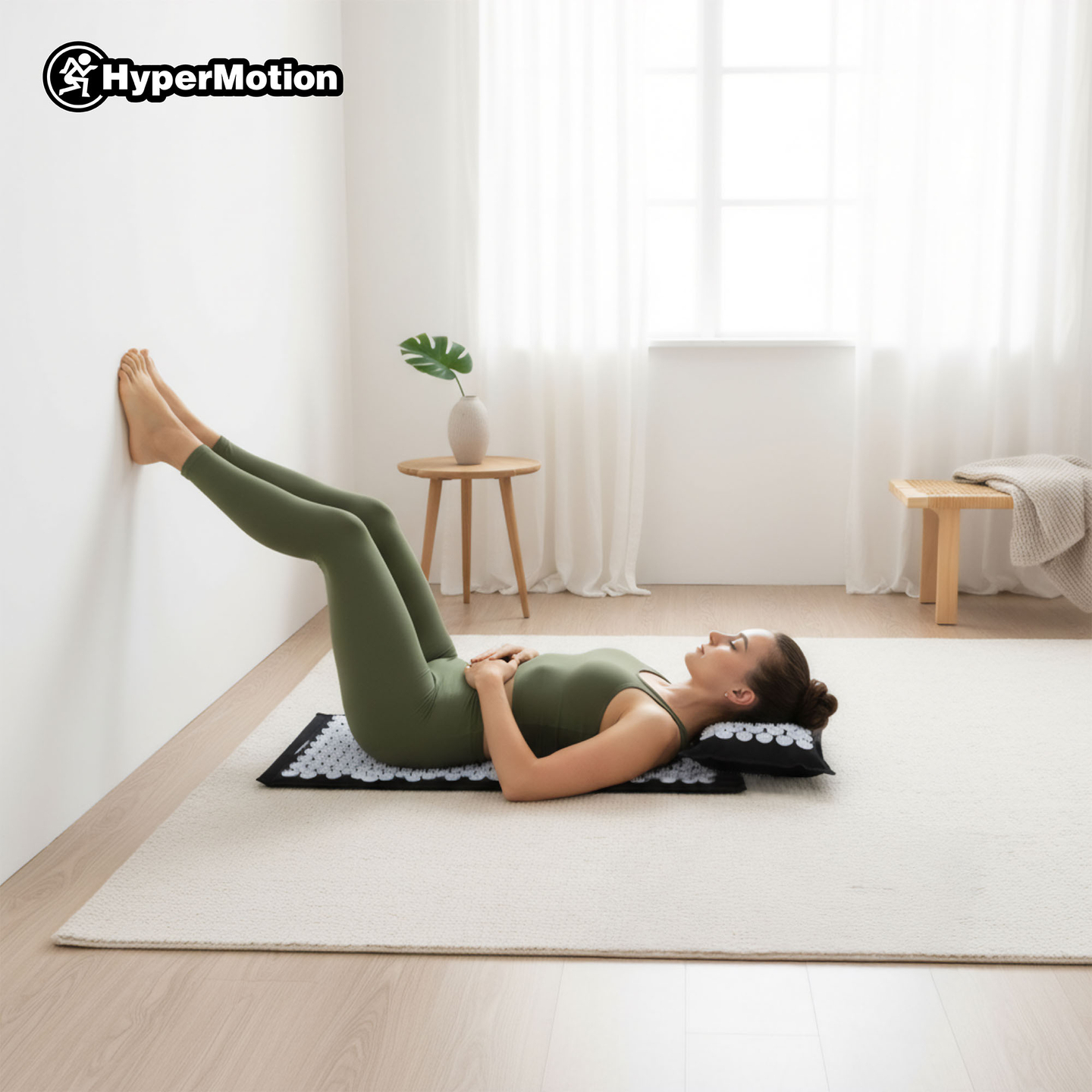 Esterilla de acupresión de lino ecológico con fibra de coco y cojín de trigo sarraceno – 68 cm HyperMotion Blanco y Negro