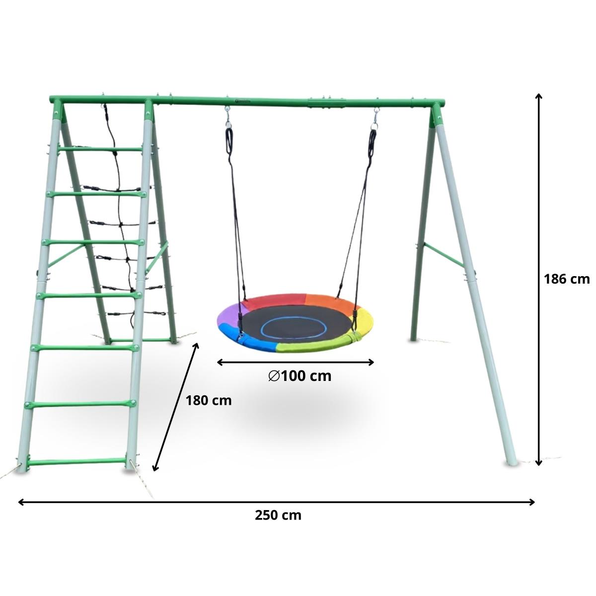 Parque infantil de jardín XL para niños con columpio tipo nido de cigüeña, escalera y red para trepar
