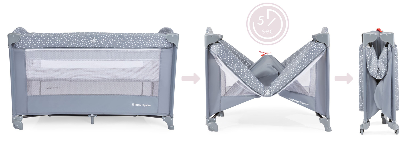 Cuna de viaje / parque infantil 2 niveles con cambiador, techo y colchón Happy Traveler BASIC PLUS - gris