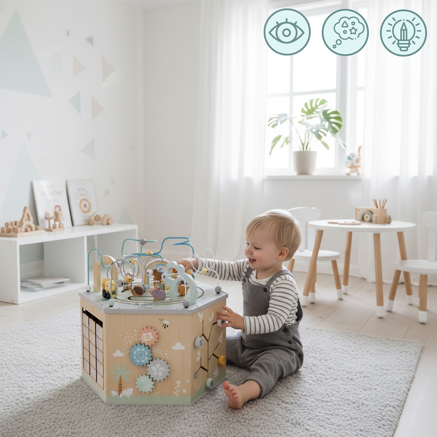 Cubo educativo de madera grande: un juguete Montessori con tren magnético y bucles de motor