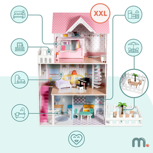 XXL La casa de muñecas de madera más grande - 123 cm - iluminada por LED - terraza, accesorios, jardín