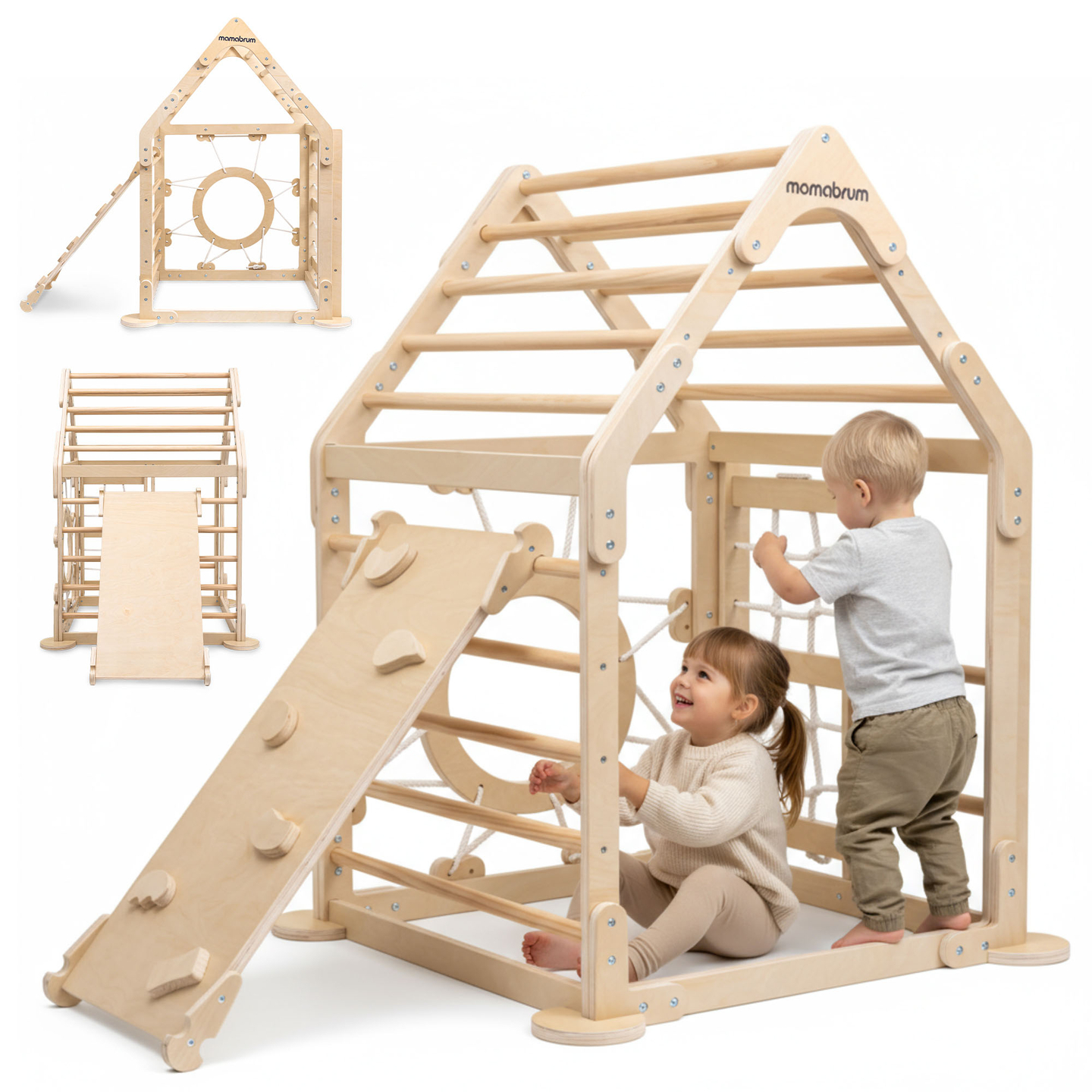 Parque infantil interior de madera: una casa con escaleras y tobogán.