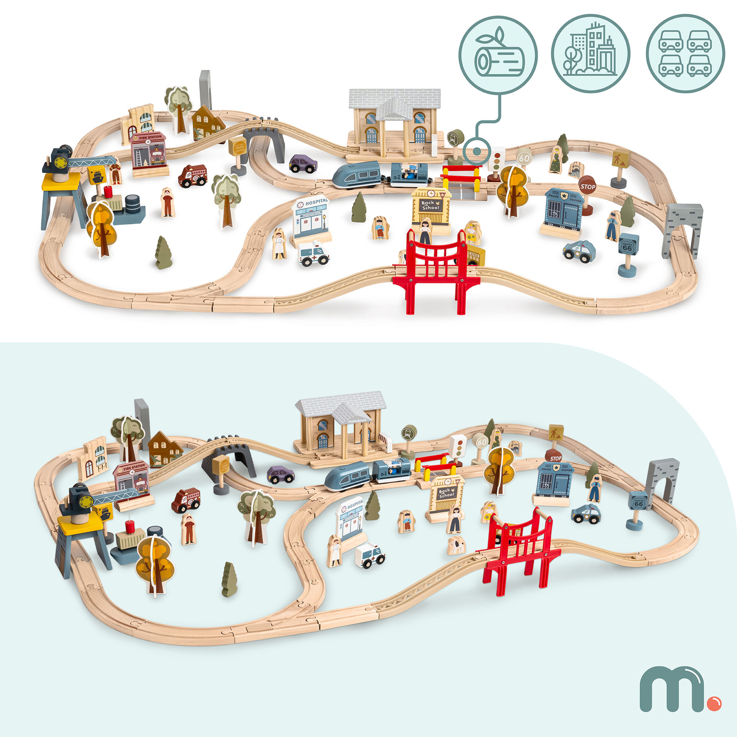 Ferrocarril urbano de madera con tren eléctrico: grúa móvil, barco, puentes