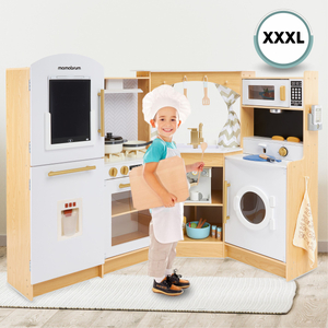 XXXXL gran cocina interactiva de madera con iluminación LED, lavadora microondas cafetera y juego de frutas y verduras - 50 elementos