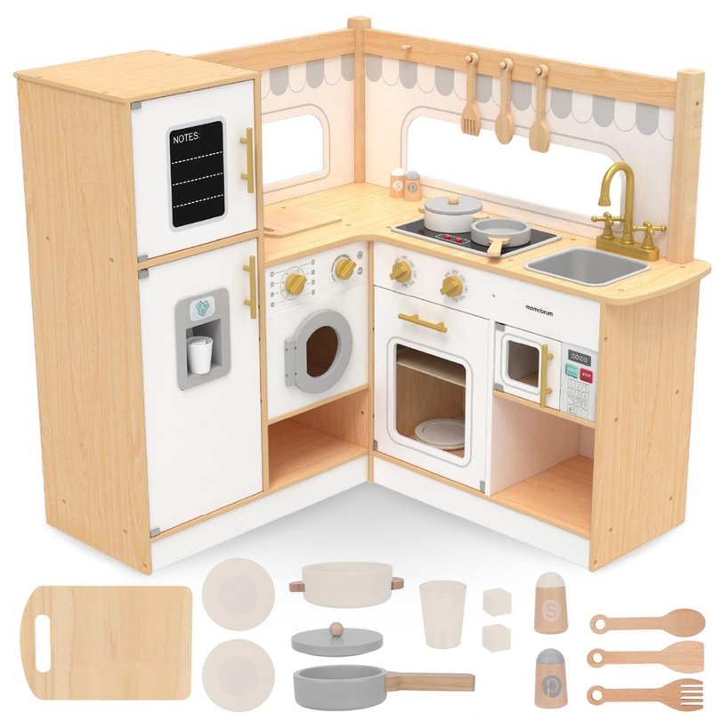 XXXL cocina de esquina interactiva de madera con frigorífico, microondas, horno, lavadora y accesorios - natural