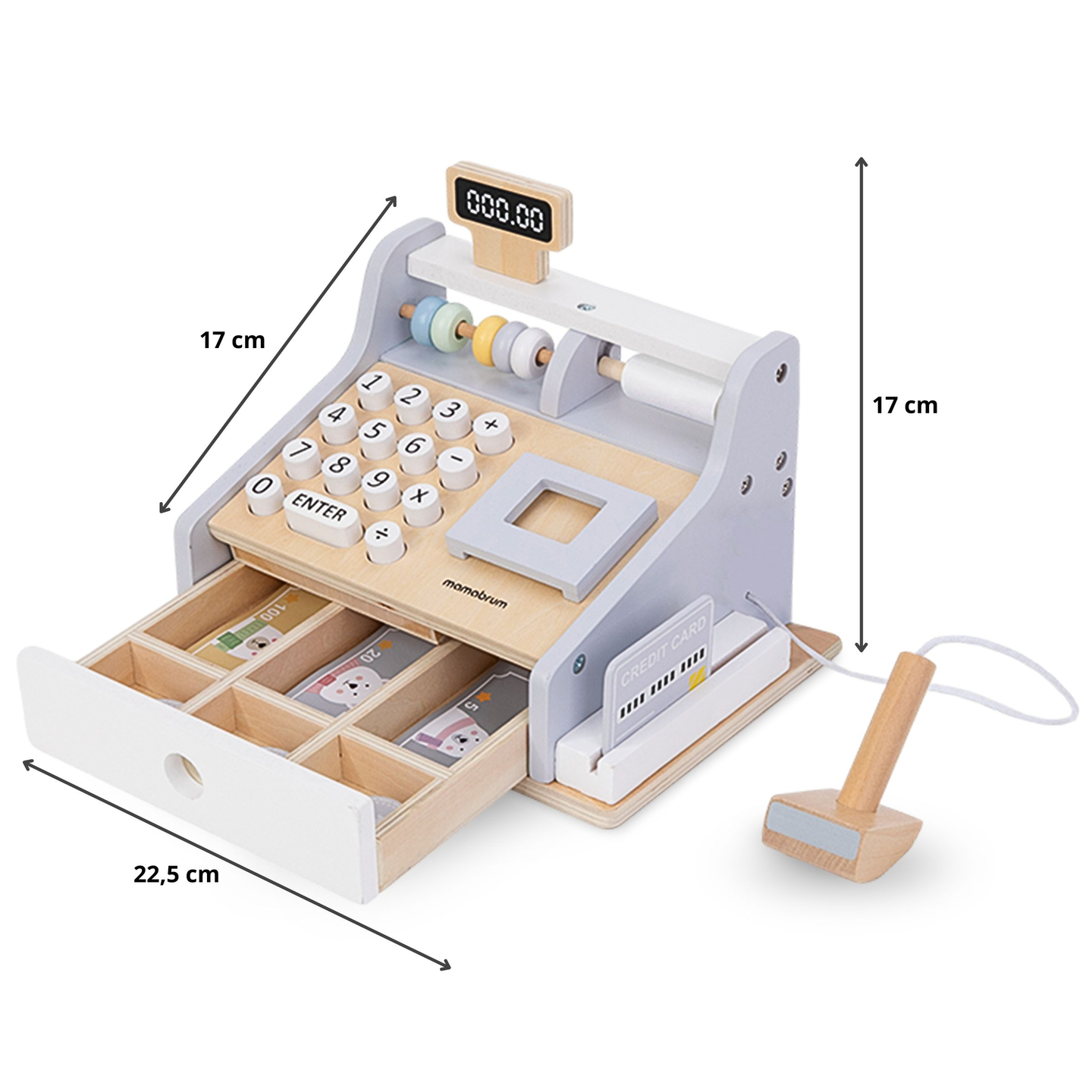 Caja registradora de madera con accesorios.