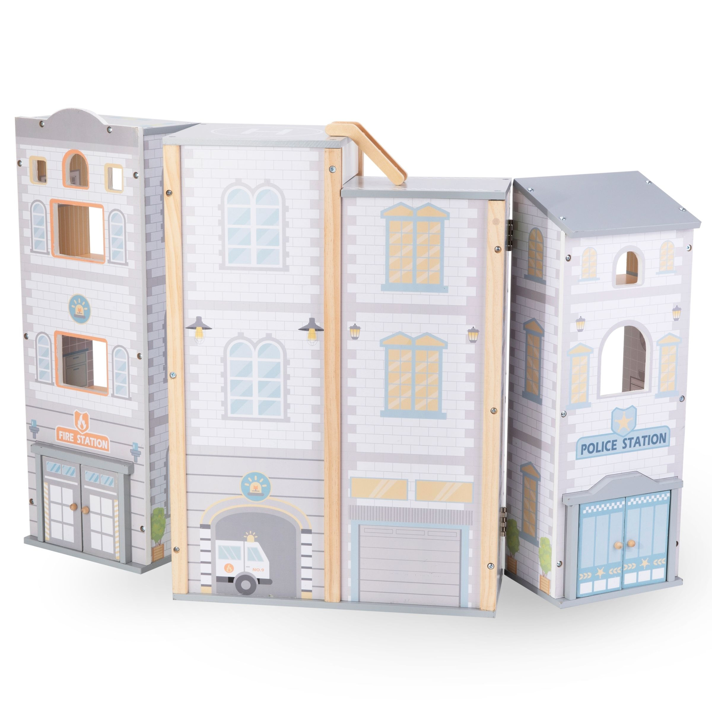 Gran parque de bomberos plegable con comisaría de policía - juego de madera. Bomberos y comisaría de policía con accesorios.