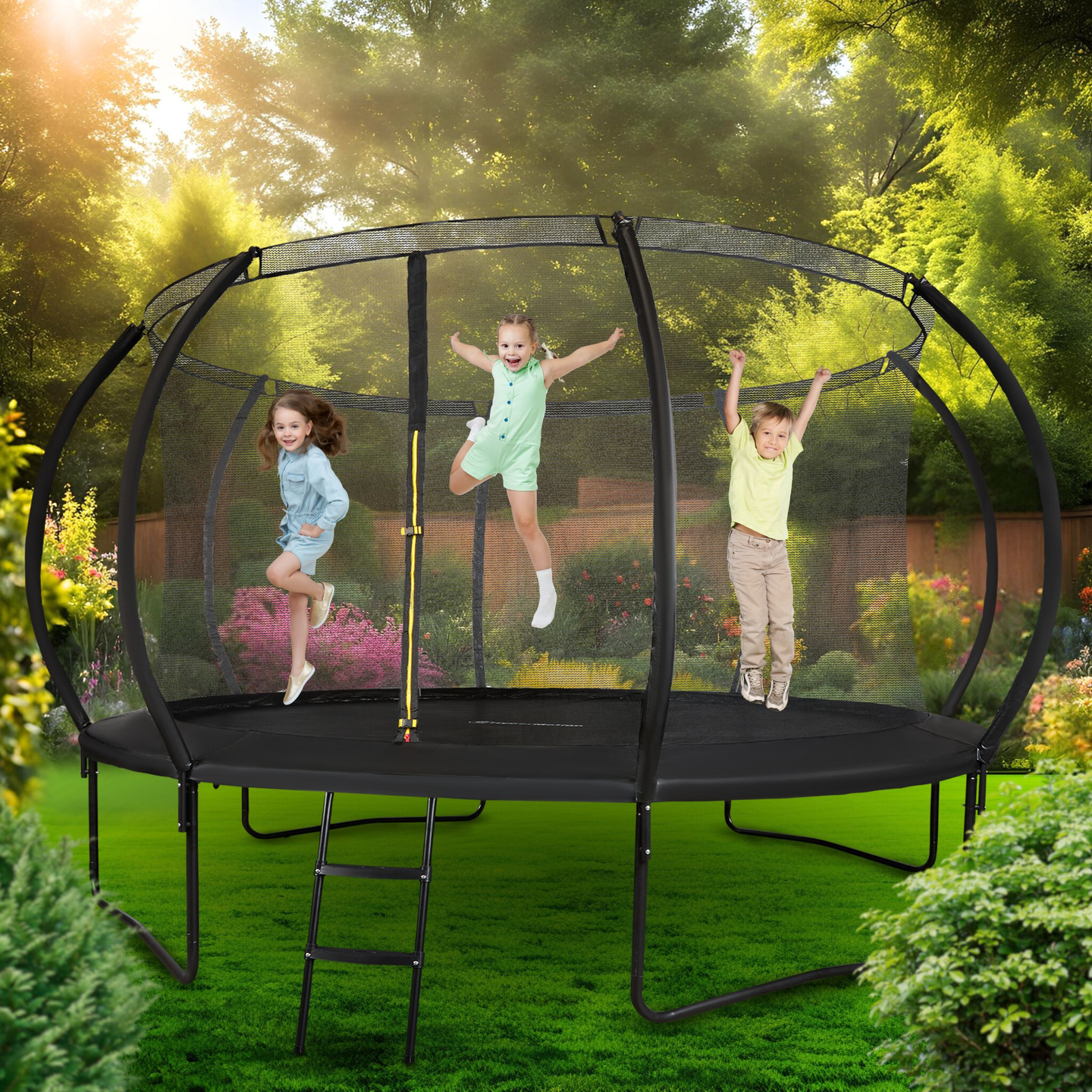 Cama elástica de jardín XXXL para niños HyperMotion - 430 cm 14FT - con escalera y red interior - para casa y jardín - 150kg max