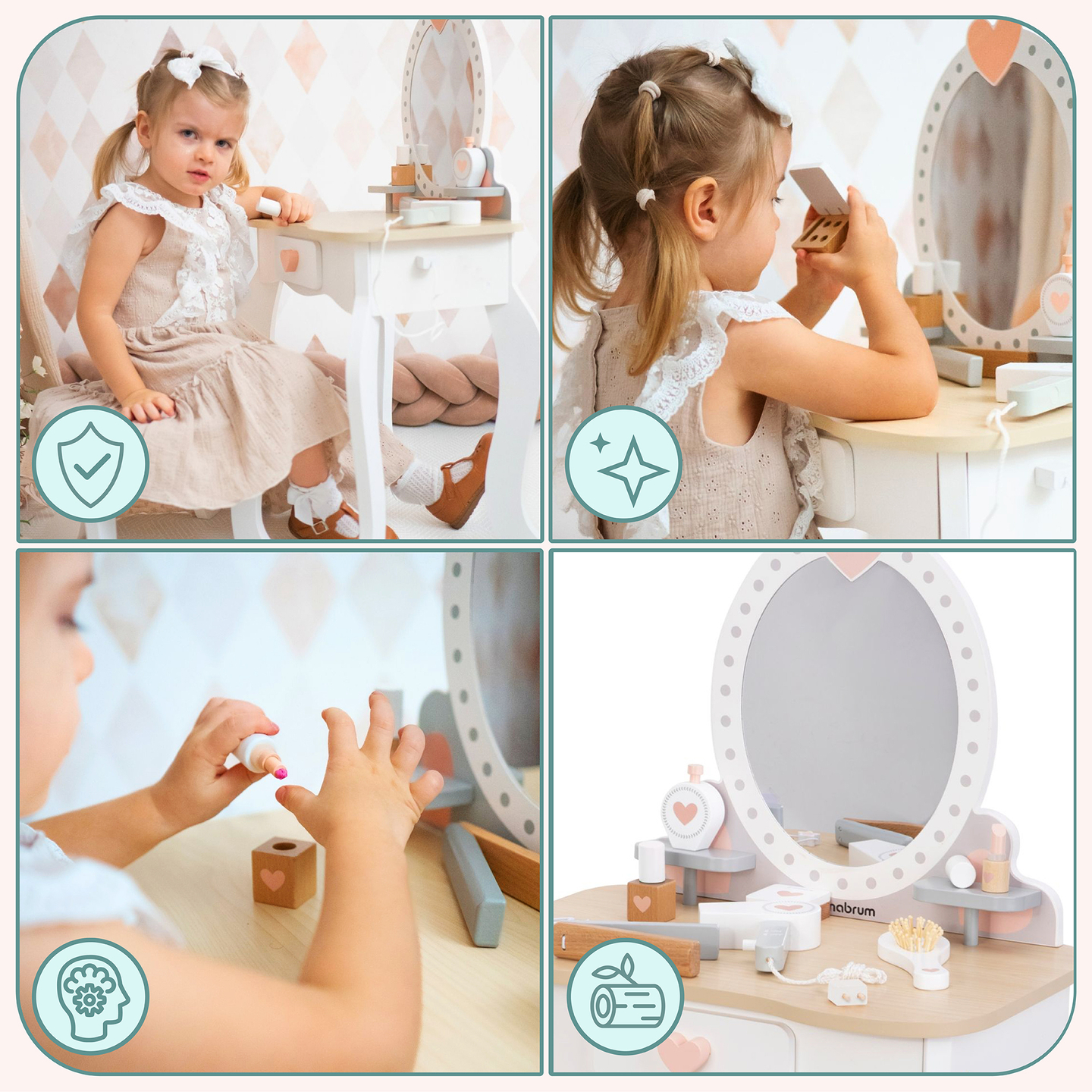 Tocador de madera con taburete y accesorios.