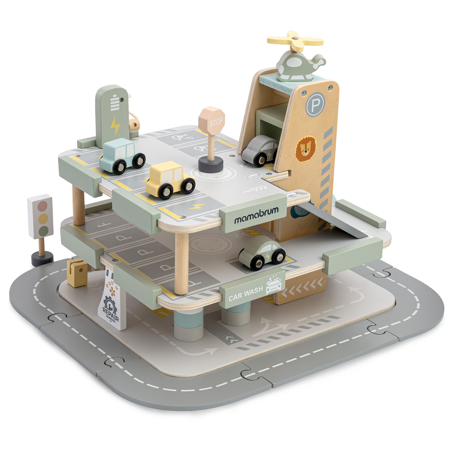 Garaje de madera de tres plantas para niños con accesorios: aparcamiento, gasolinera, lavadero de coches, helicóptero.