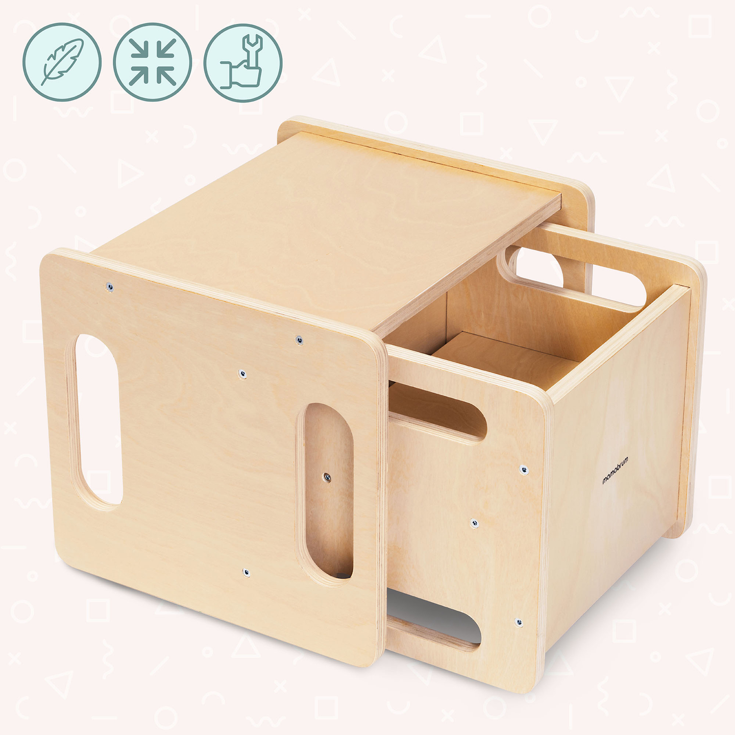 Mesa y silla de madera con función de trampolín: un conjunto Montessori multifuncional para niños