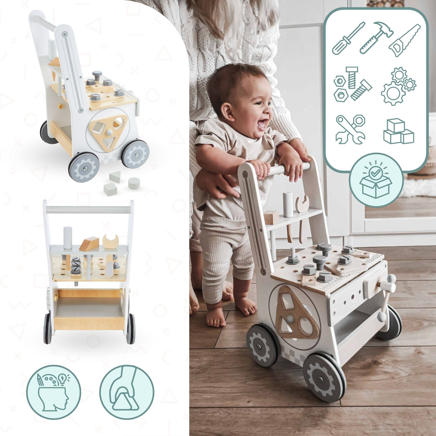 Andador de madera 3en1, empujador + taller - 47 elementos