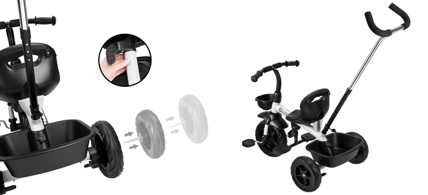 Triciclo HyperMotion TOBI VECTOR: ruedas infladas permanentemente + empujador. Color: gris claro.