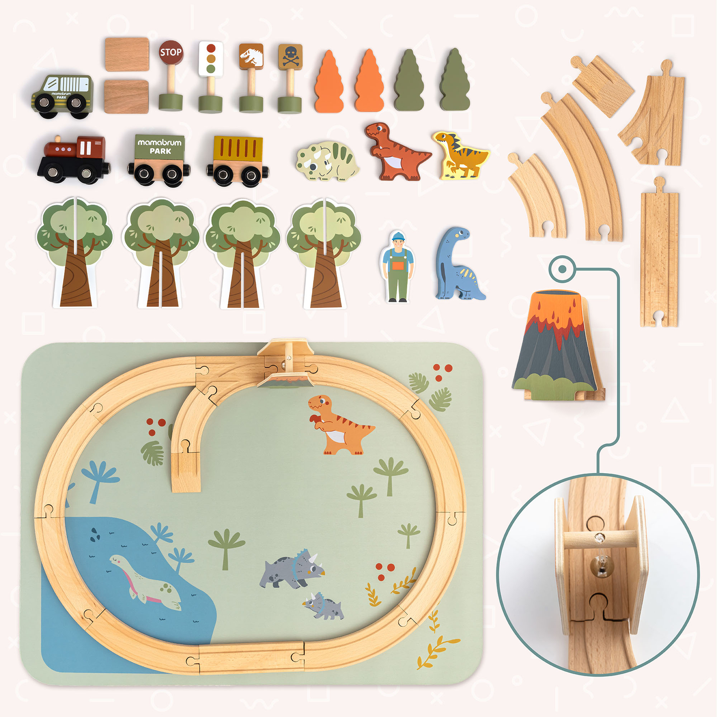 Tren de madera Dino Park con alfombra antideslizante - dinosaurios, tren, vías, volcán, campana