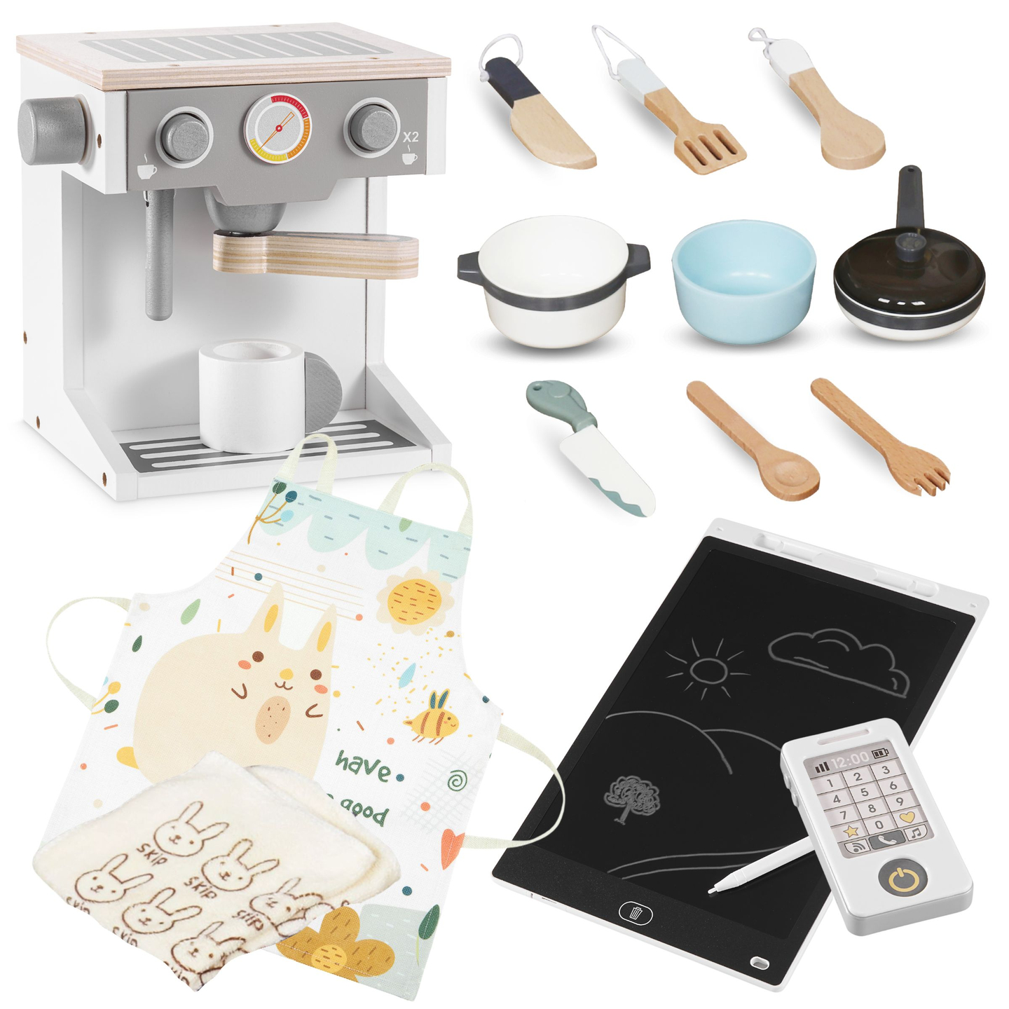 XXXXL gran cocina interactiva de madera con iluminación LED, lavadora microondas cafetera y juego de frutas y verduras - 50 elementos