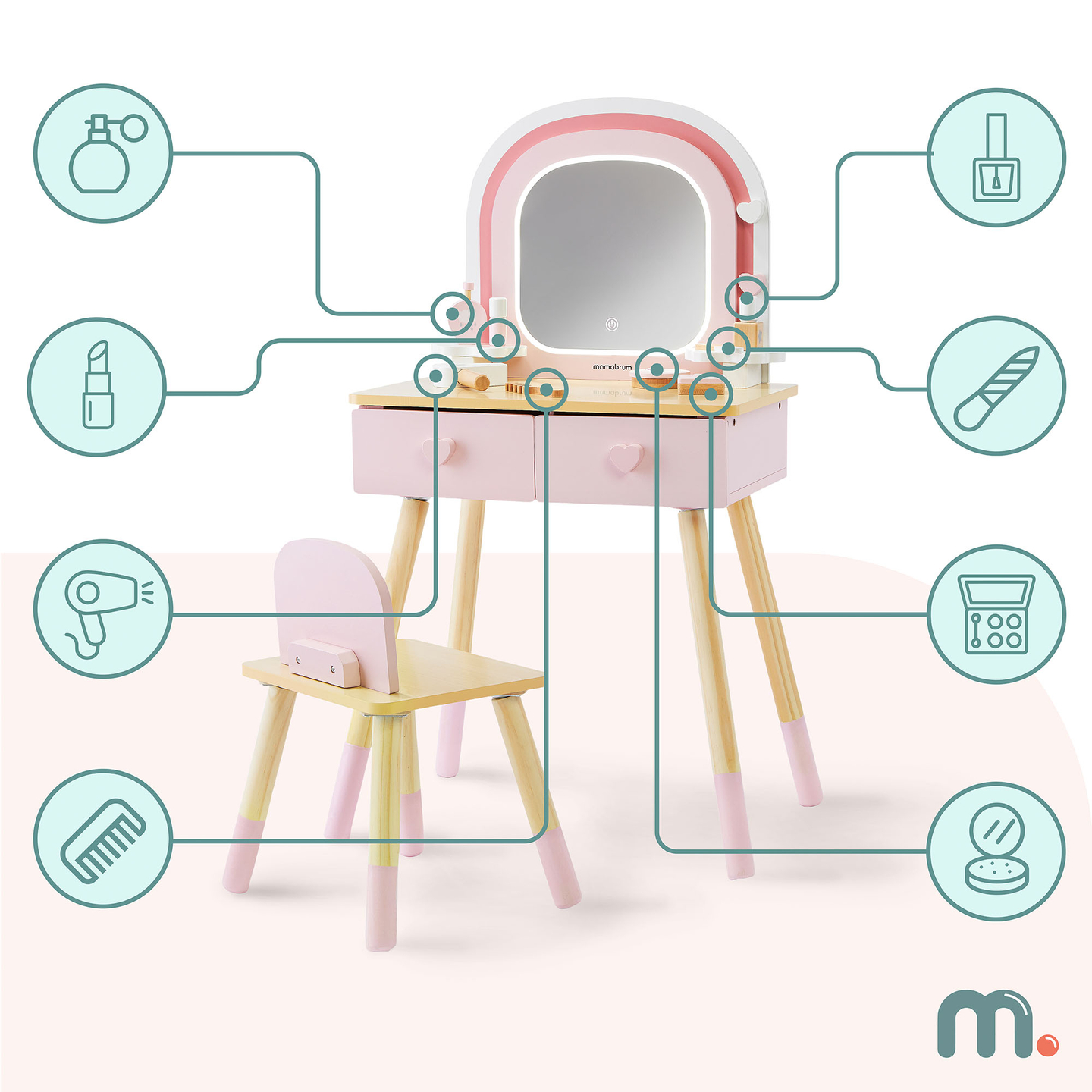 Tocador de madera para niños con iluminación LED con ajuste suave de brillo, silla y accesorios.