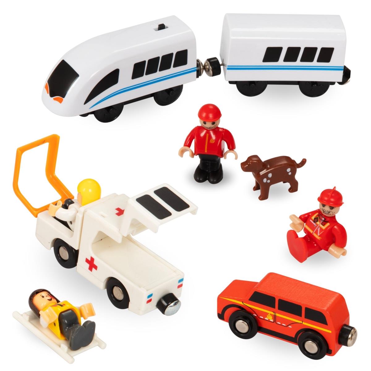 Tren de madera, tren a batería - Bomberos, vías, vagones, puentes, barrera