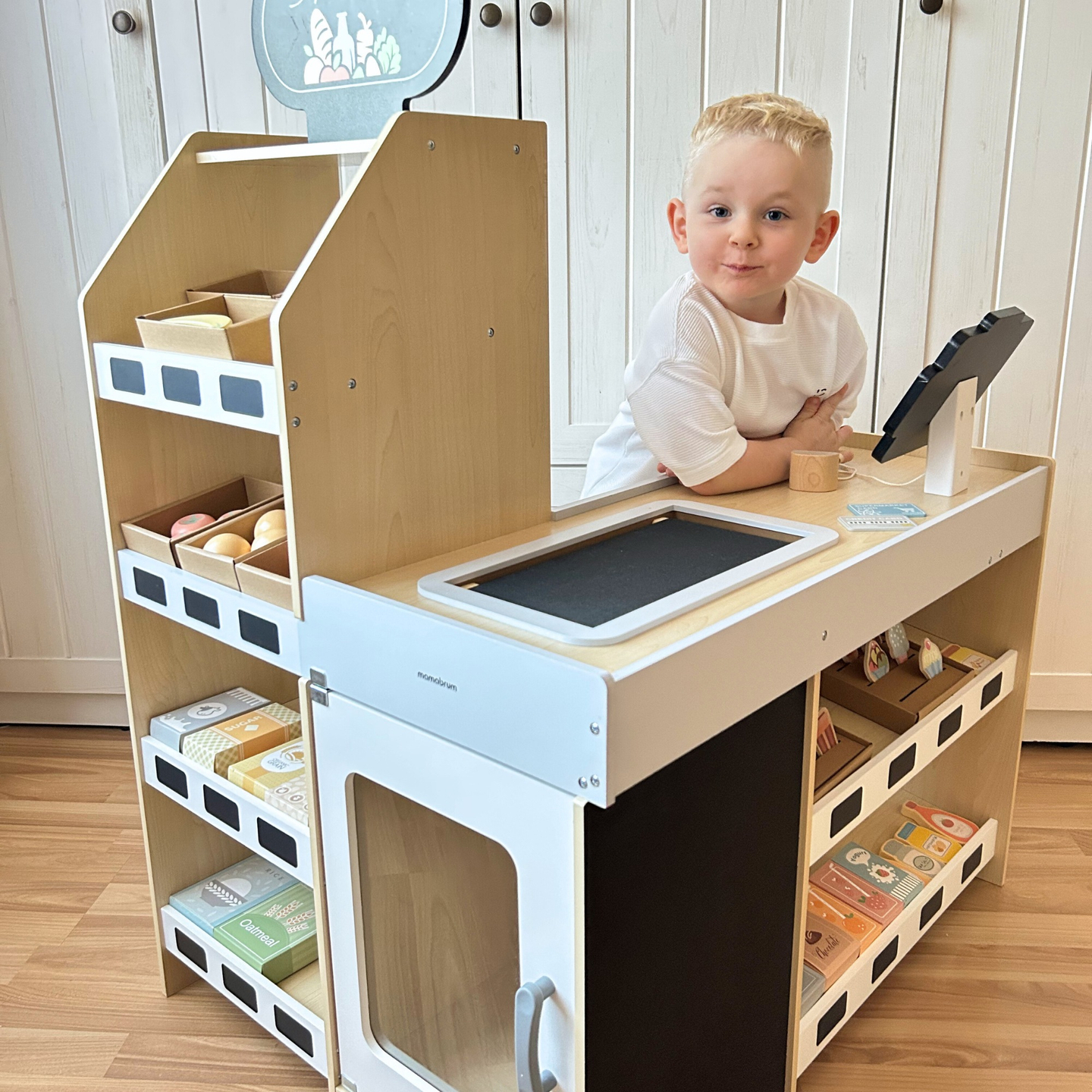 Mercado de verduras de madera - gran puesto XXL, tienda con caja registradora de juguete