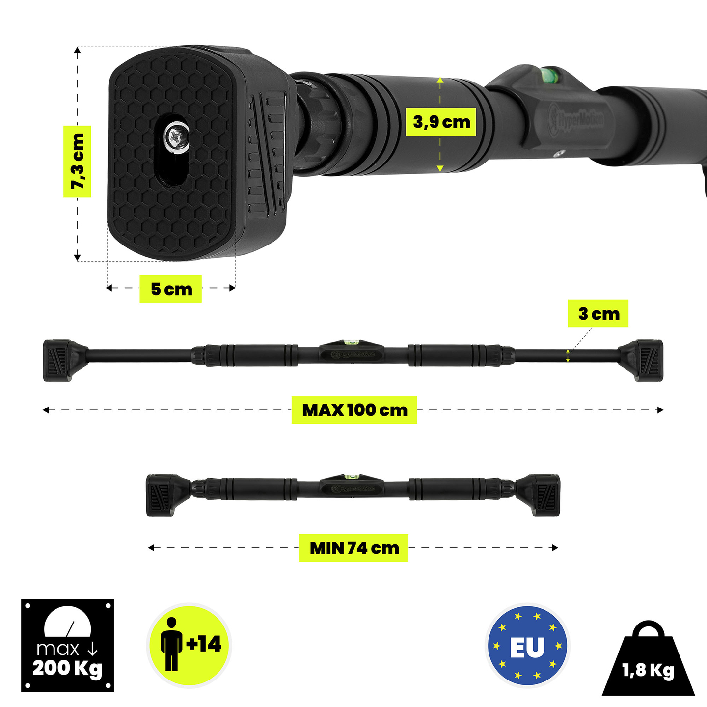 Barra de dominadas ajustable HyperMotion 74-100 cm, 200 kg, negra