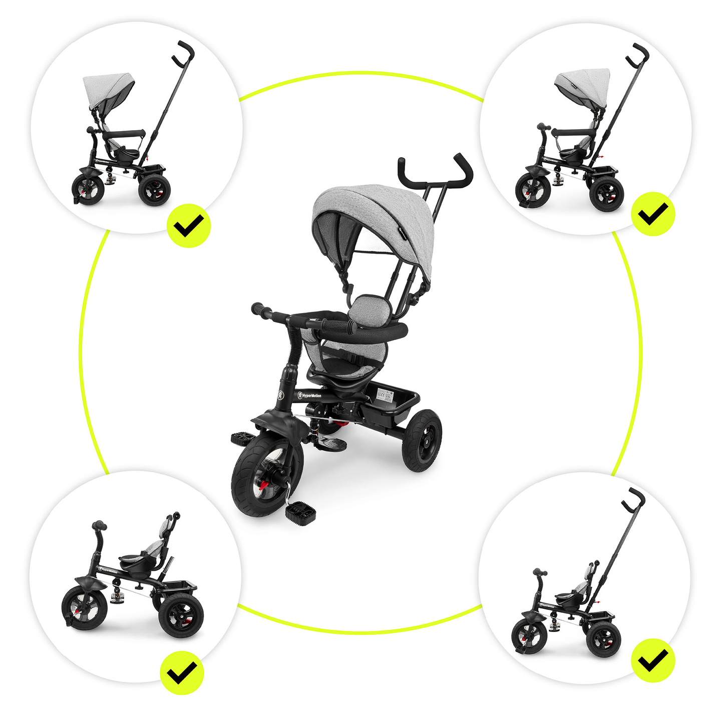 Triciclo para niños de 1 a 4 años - TOBI FREY - color gris - giratorio - ruedas hinchables + empujador