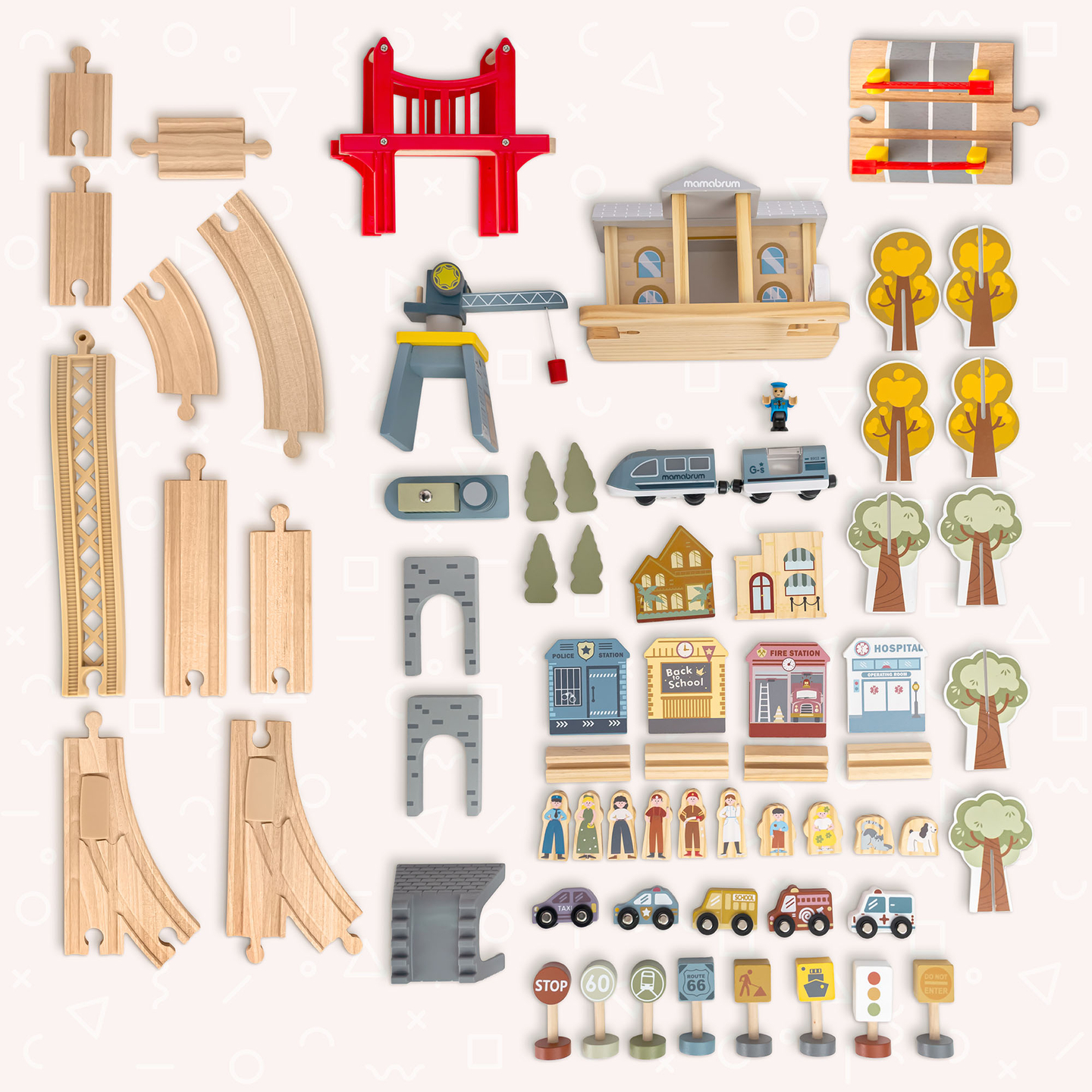 Ferrocarril urbano de madera con tren eléctrico: grúa móvil, barco, puentes