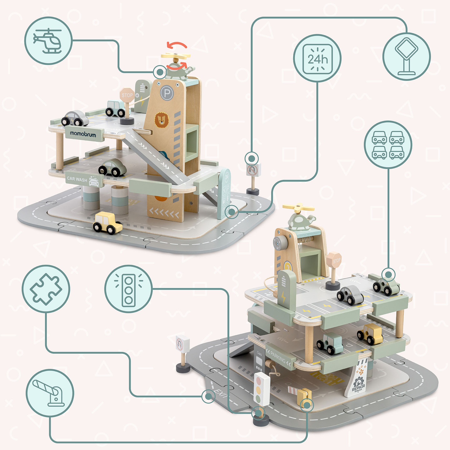 Garaje de madera de tres plantas para niños con accesorios: aparcamiento, gasolinera, lavadero de coches, helicóptero.