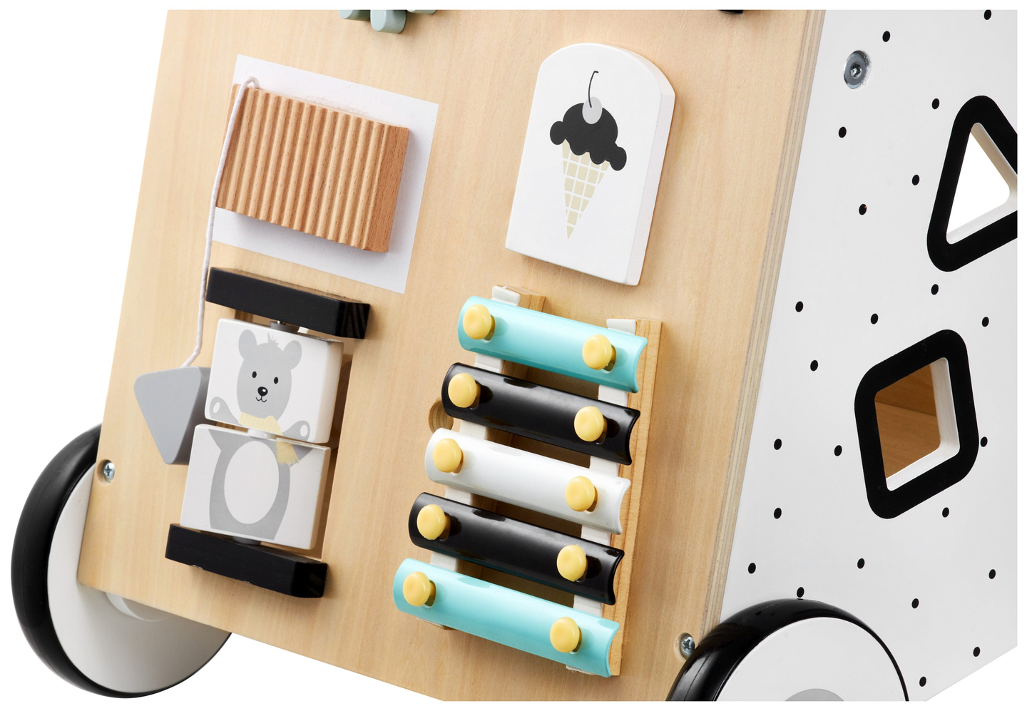 Andador/empujador educativo de madera para niños - tablero de manipulación