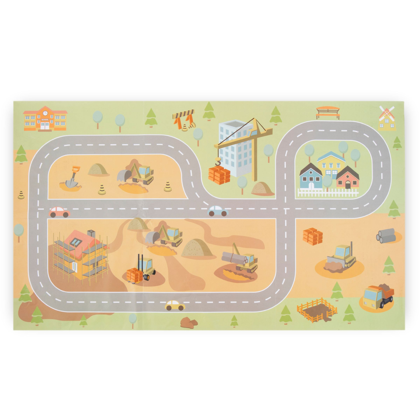 Sitio de construcción de madera con grandes grúas móviles y vehículos, grúa torre