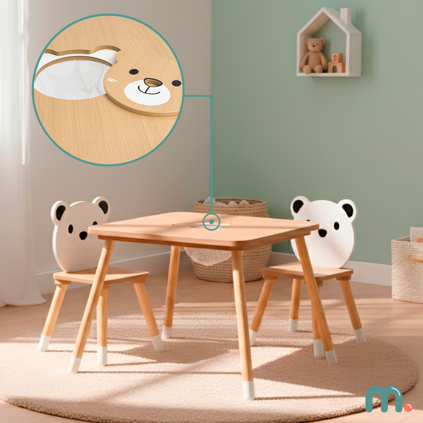 Mesa de madera con almacenaje y 2 sillas Conjunto infantil - Lindo Osito de Peluche
