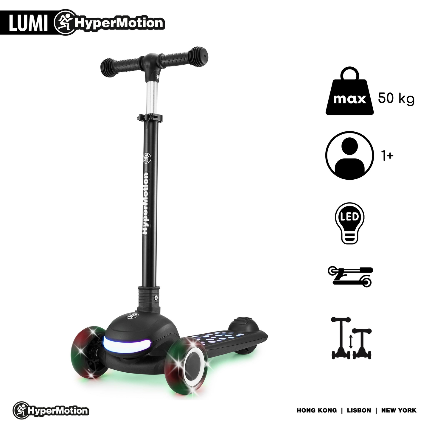 Patinete de equilibrio 3 en 1 HyperMotion LUMI - plataforma iluminada y ruedas LED, color negro
