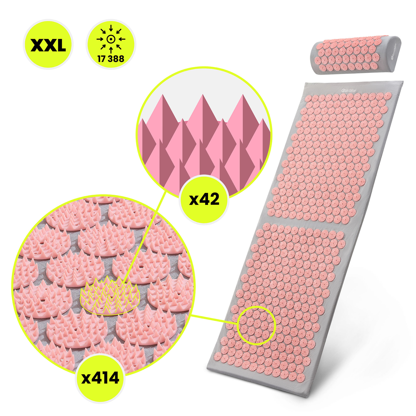 Esterilla de acupresión grande con almohada y funda - 130 cm HyperMotion gris y rosa