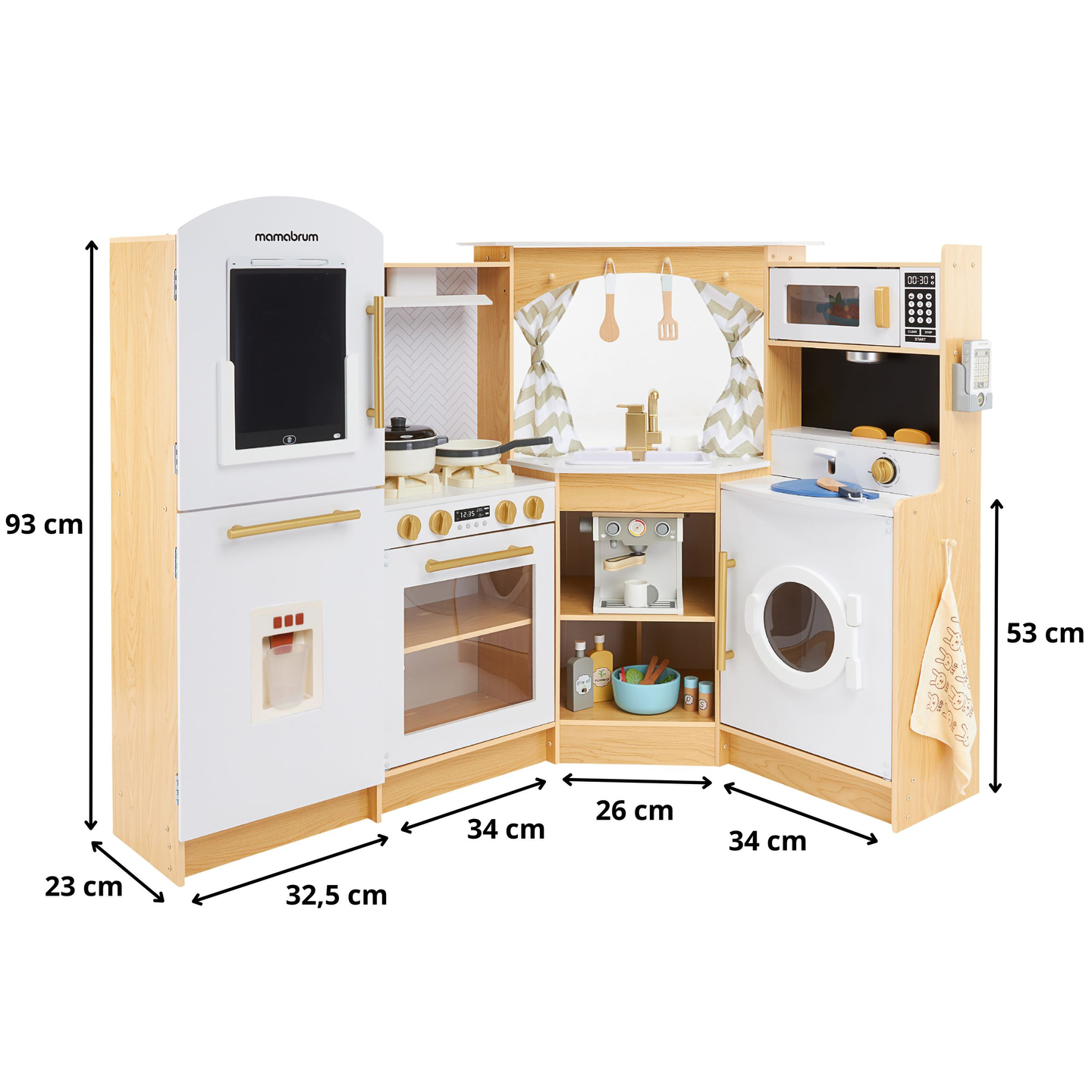 XXXXL gran cocina interactiva de madera con iluminación LED, lavadora microondas cafetera y juego de frutas y verduras - 50 elementos