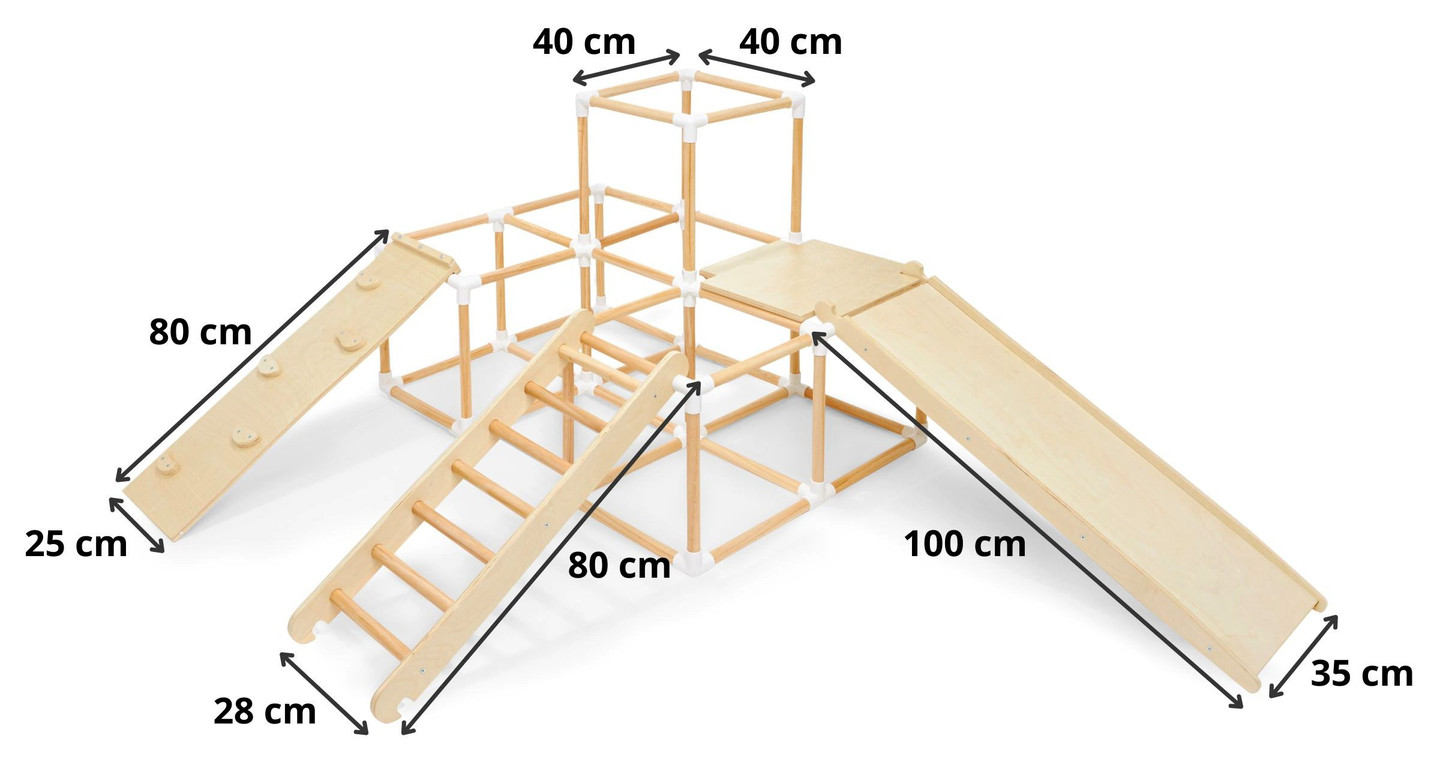 Gran parque infantil de madera XXL: tobogán, escalera, rocódromo, cubos para escalar