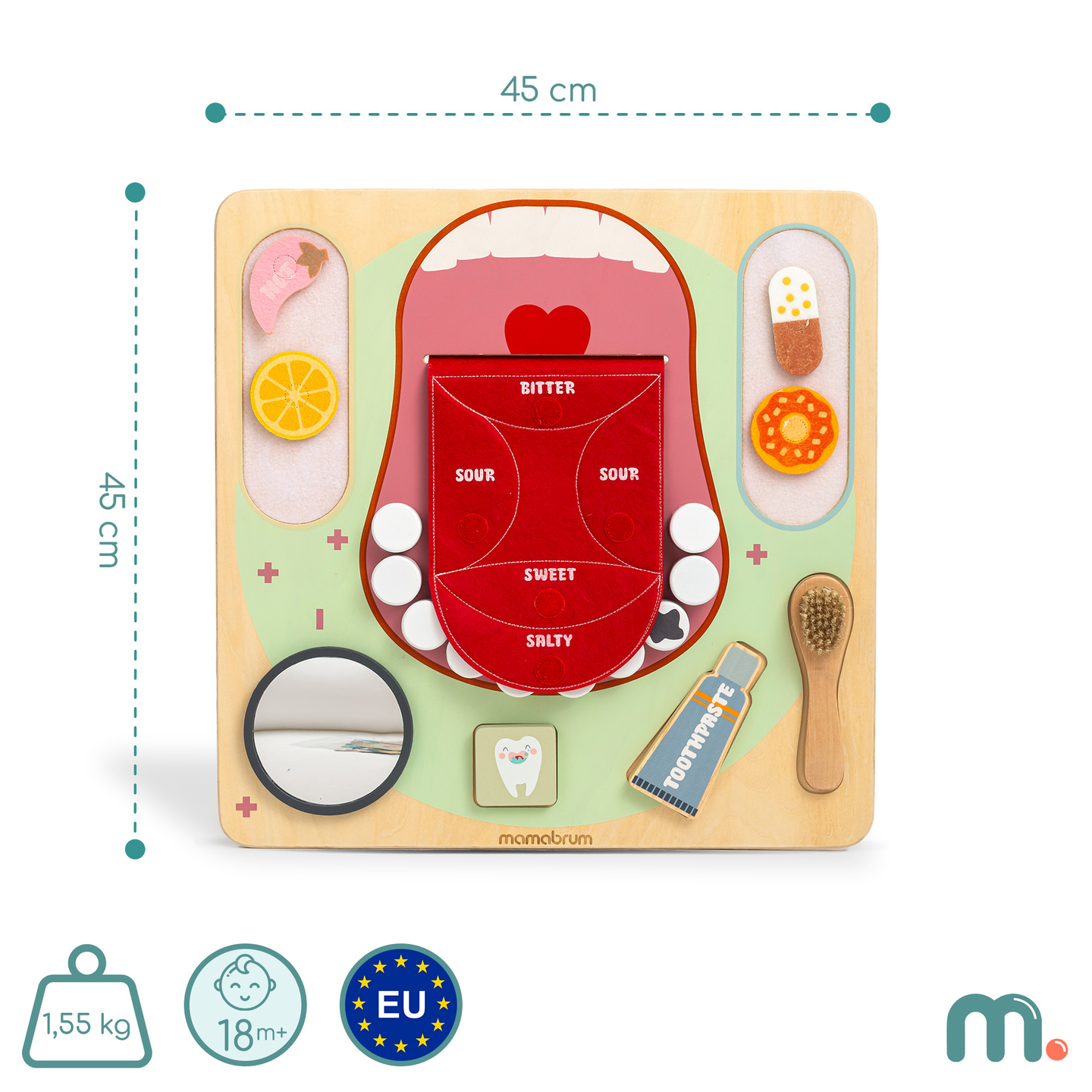 Tablero educativo Montessori de madera Pequeño Dentista: cepillo de dientes, pasta, dientes extraíbles, espejo, comida, sabores de aprendizaje