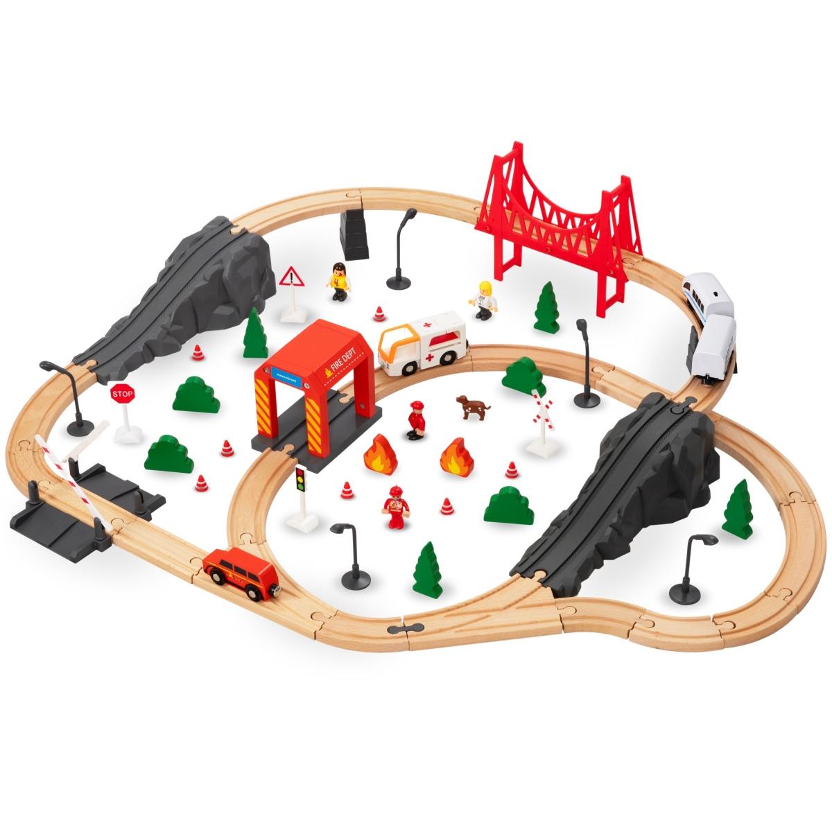 Tren de madera, tren a batería - Bomberos, vías, vagones, puentes, barrera
