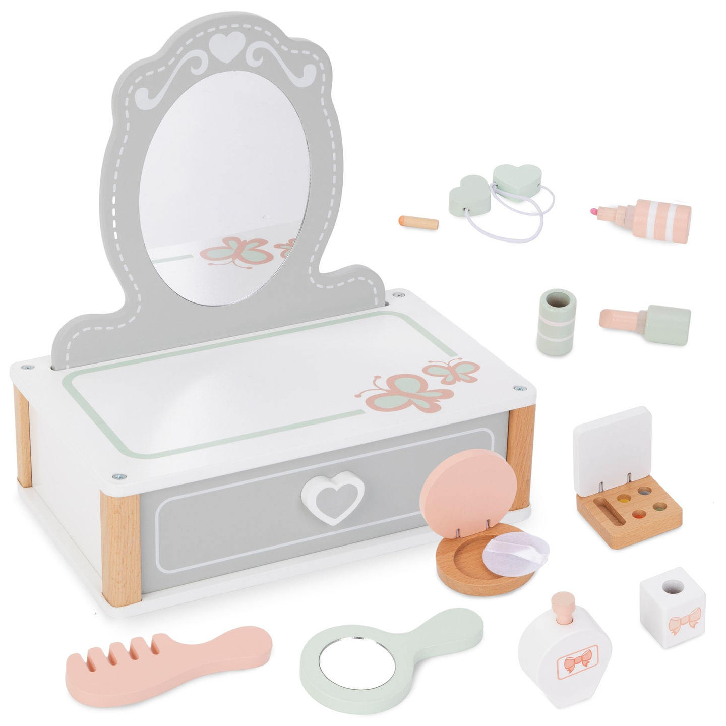 Tocador de madera para niños con accesorios.