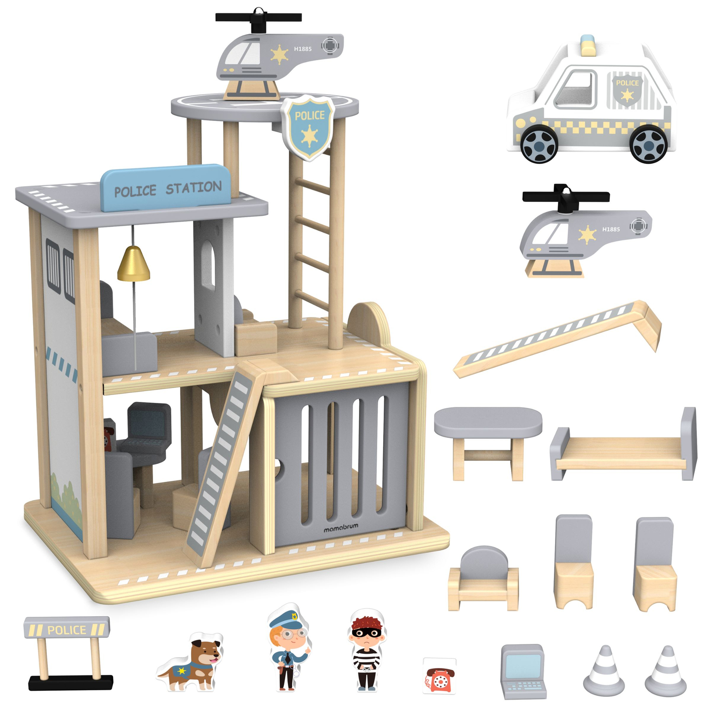 Comisaría de policía de madera con accesorios.