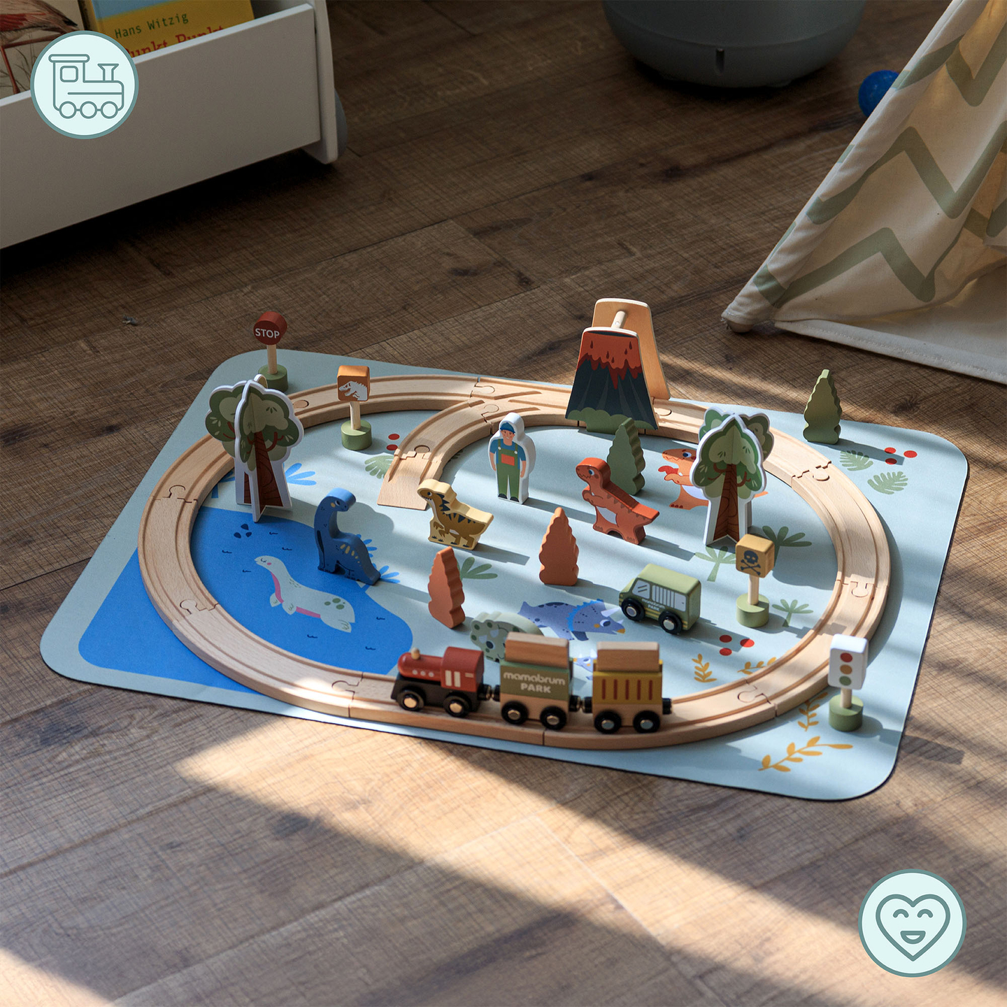 Tren de madera Dino Park con alfombra antideslizante - dinosaurios, tren, vías, volcán, campana