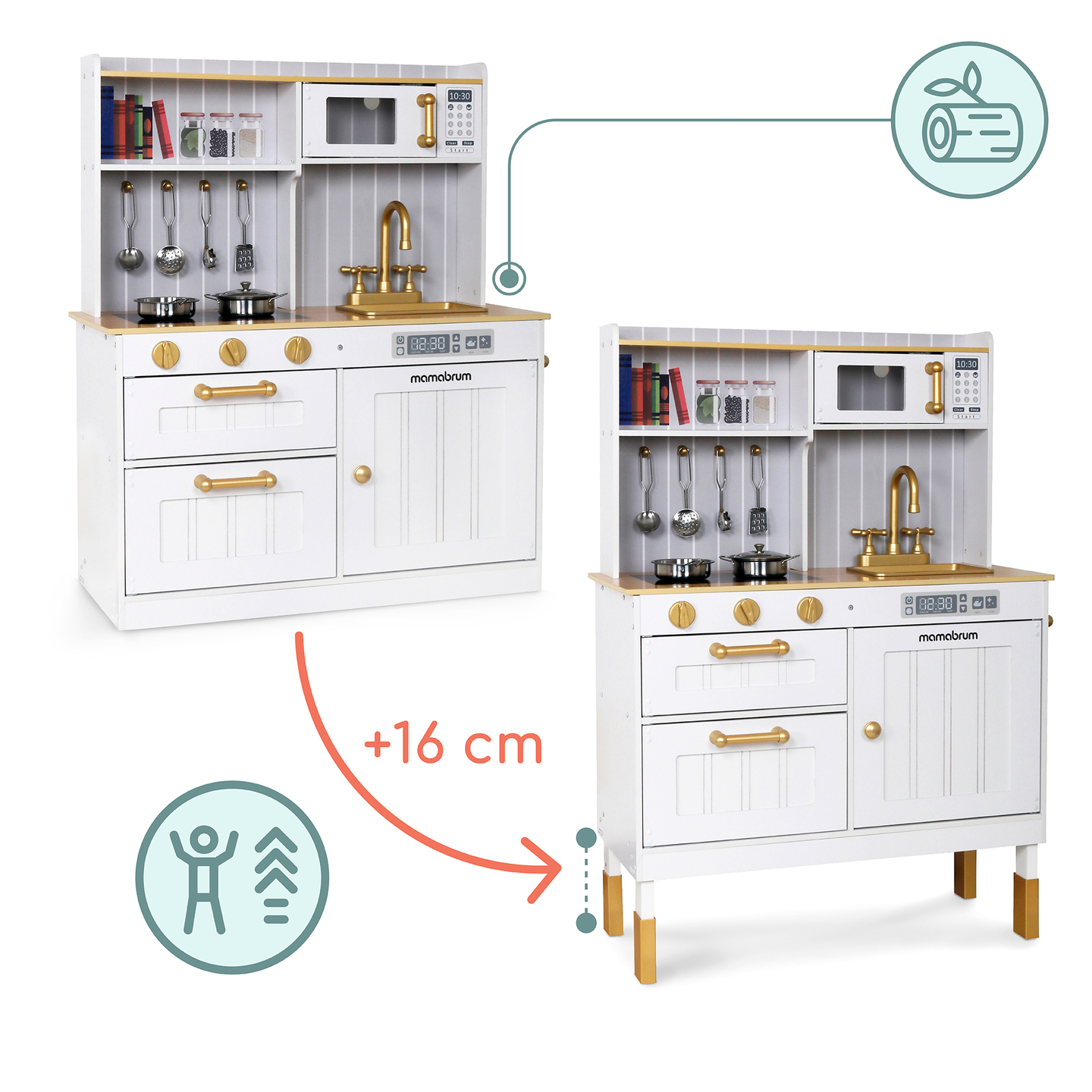 Cocina blanca de madera con accesorios y delantal