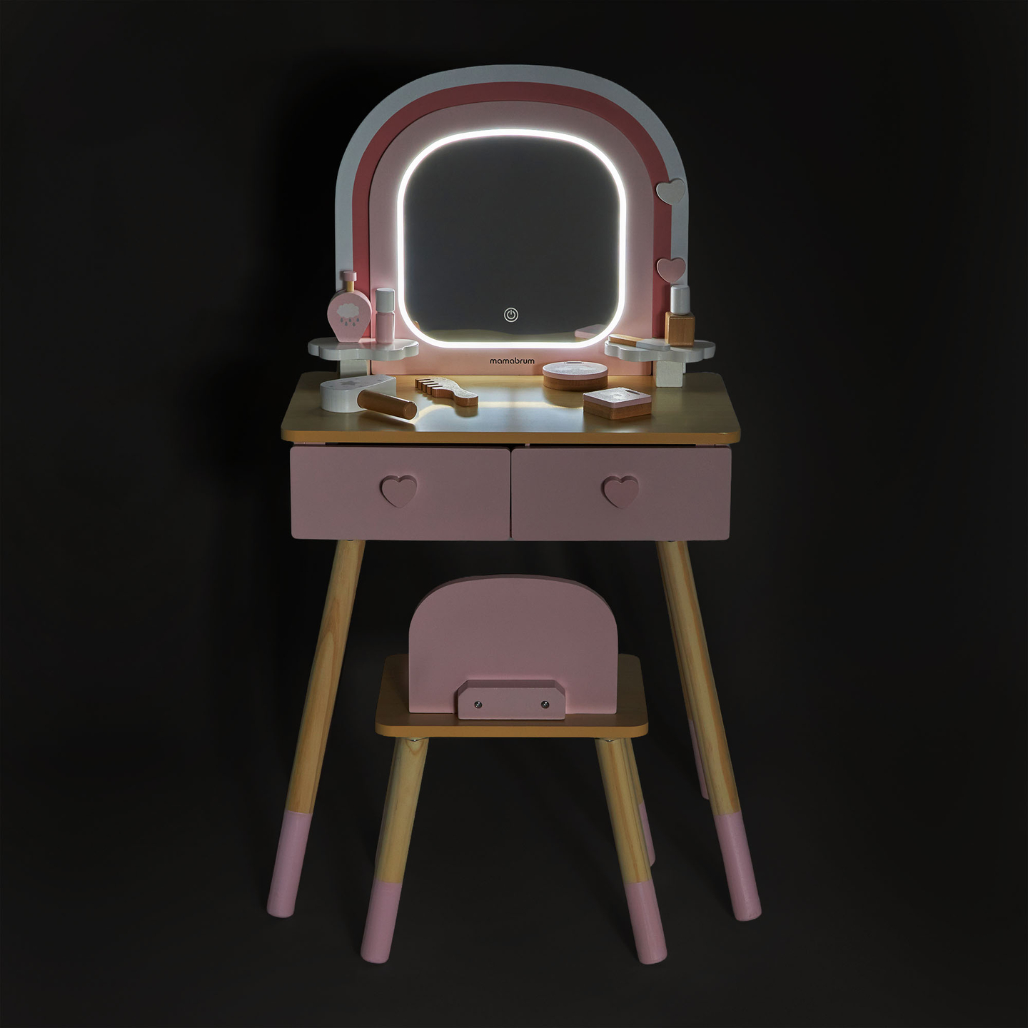 Tocador de madera para niños con iluminación LED con ajuste suave de brillo, silla y accesorios.