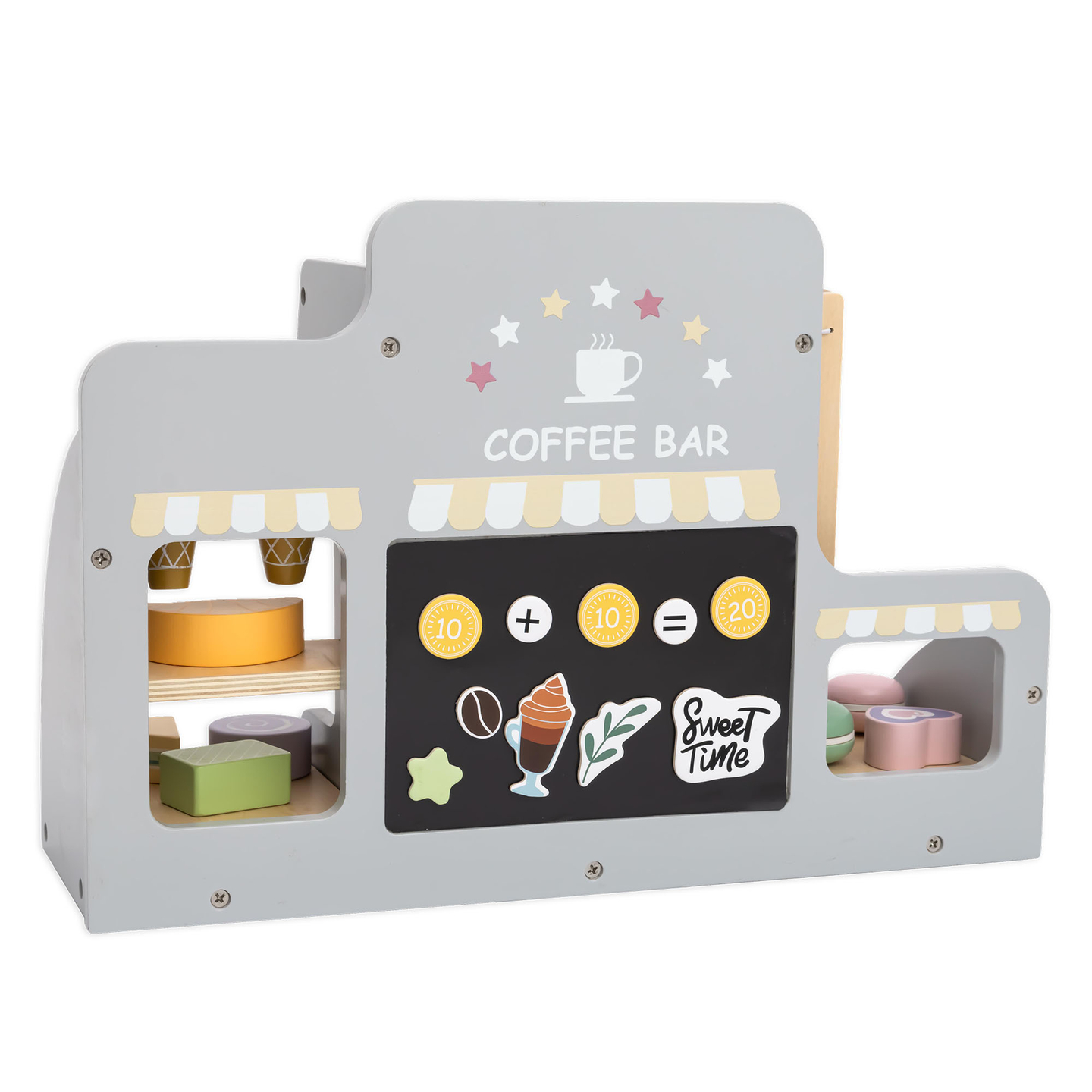 Una gran heladería de madera con pizarra magnética, cafetera y juego de helados y postres: ¡más de 70 piezas!