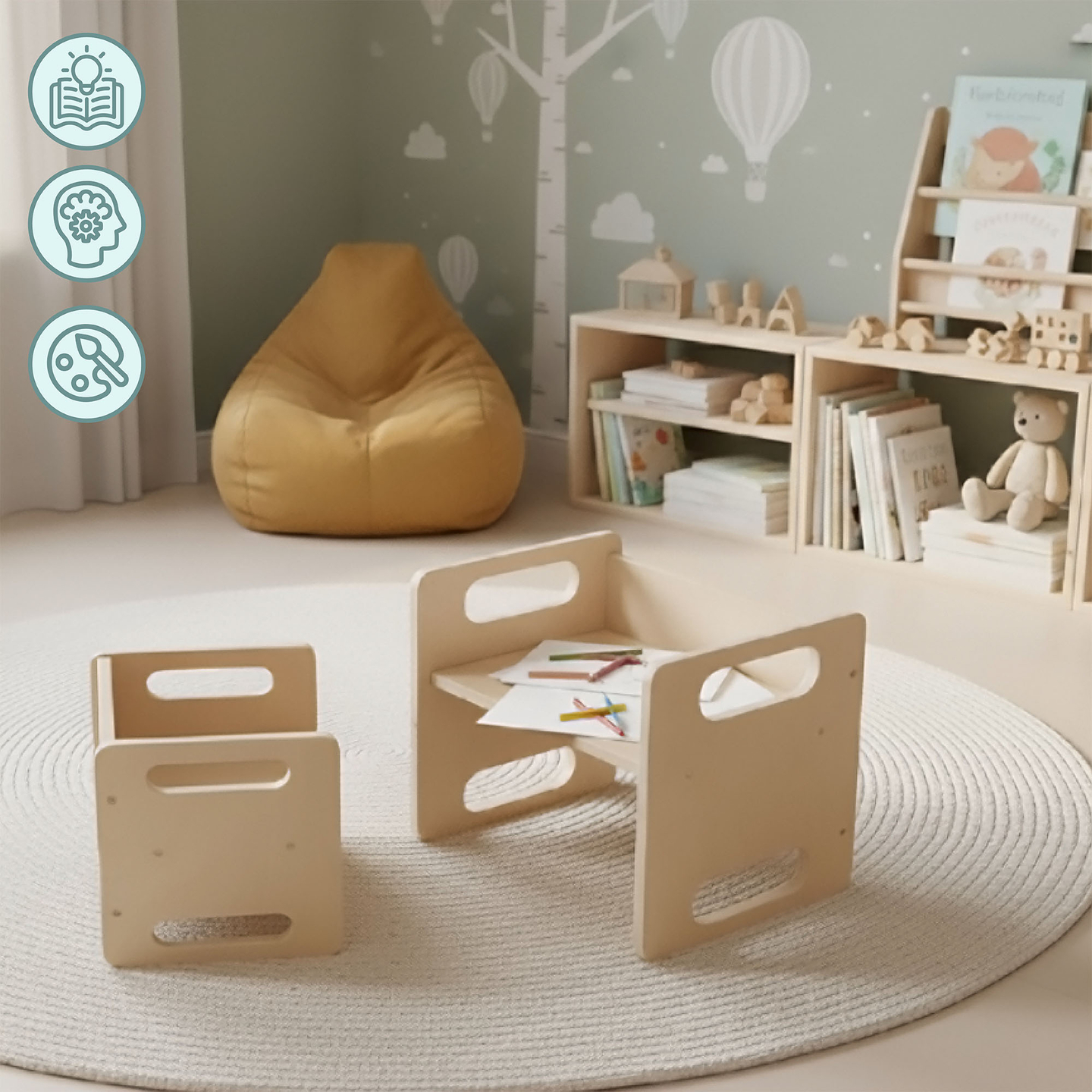 Mesa y silla de madera con función de trampolín: un conjunto Montessori multifuncional para niños