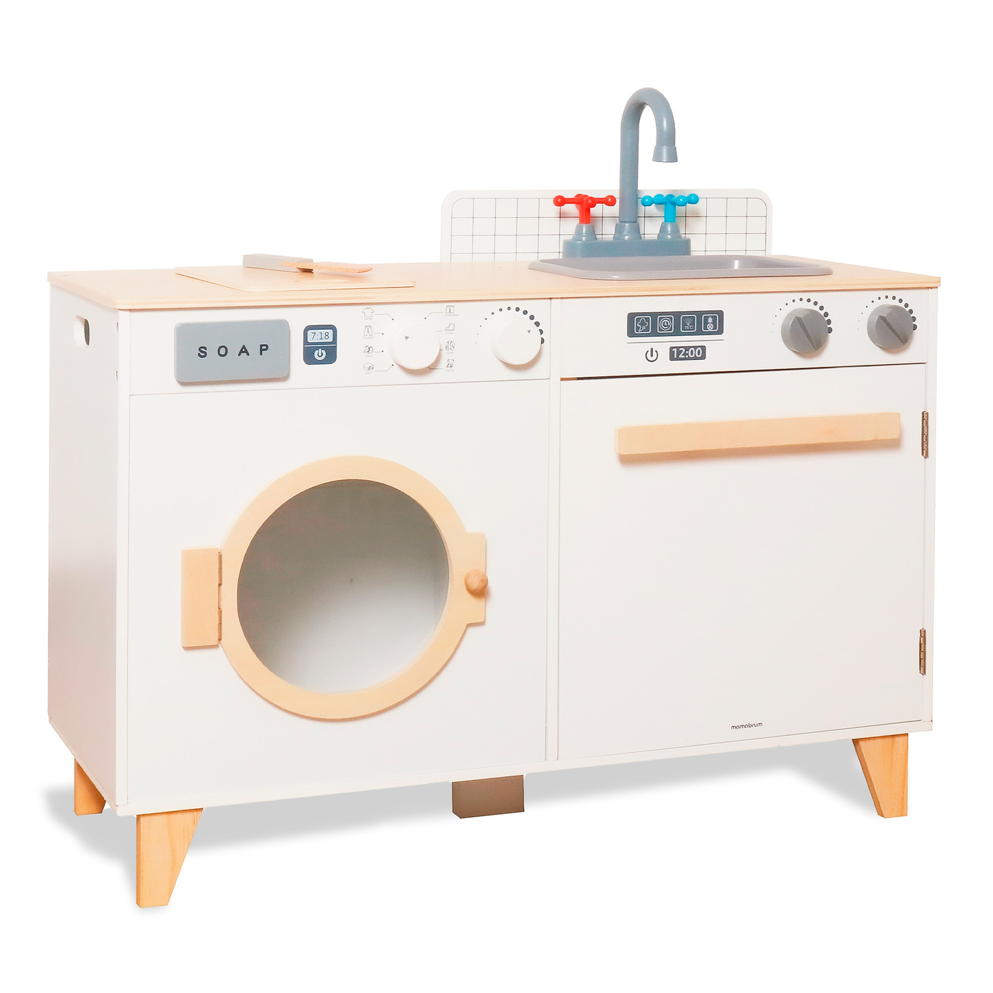 Lavandería y cocina de madera - Juego de hogar 2 en 1 para niños