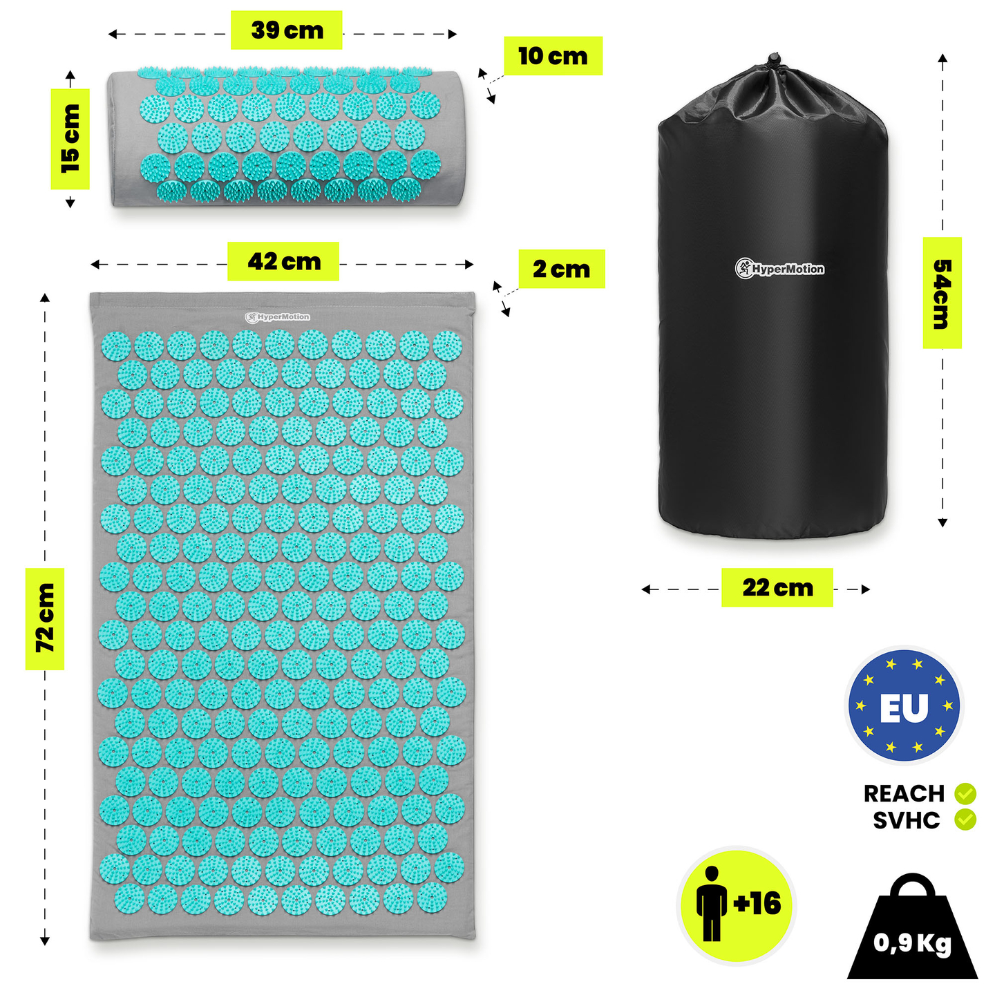 Esterilla de acupresión con almohada y funda - 72 cm HyperMotion gris-menta