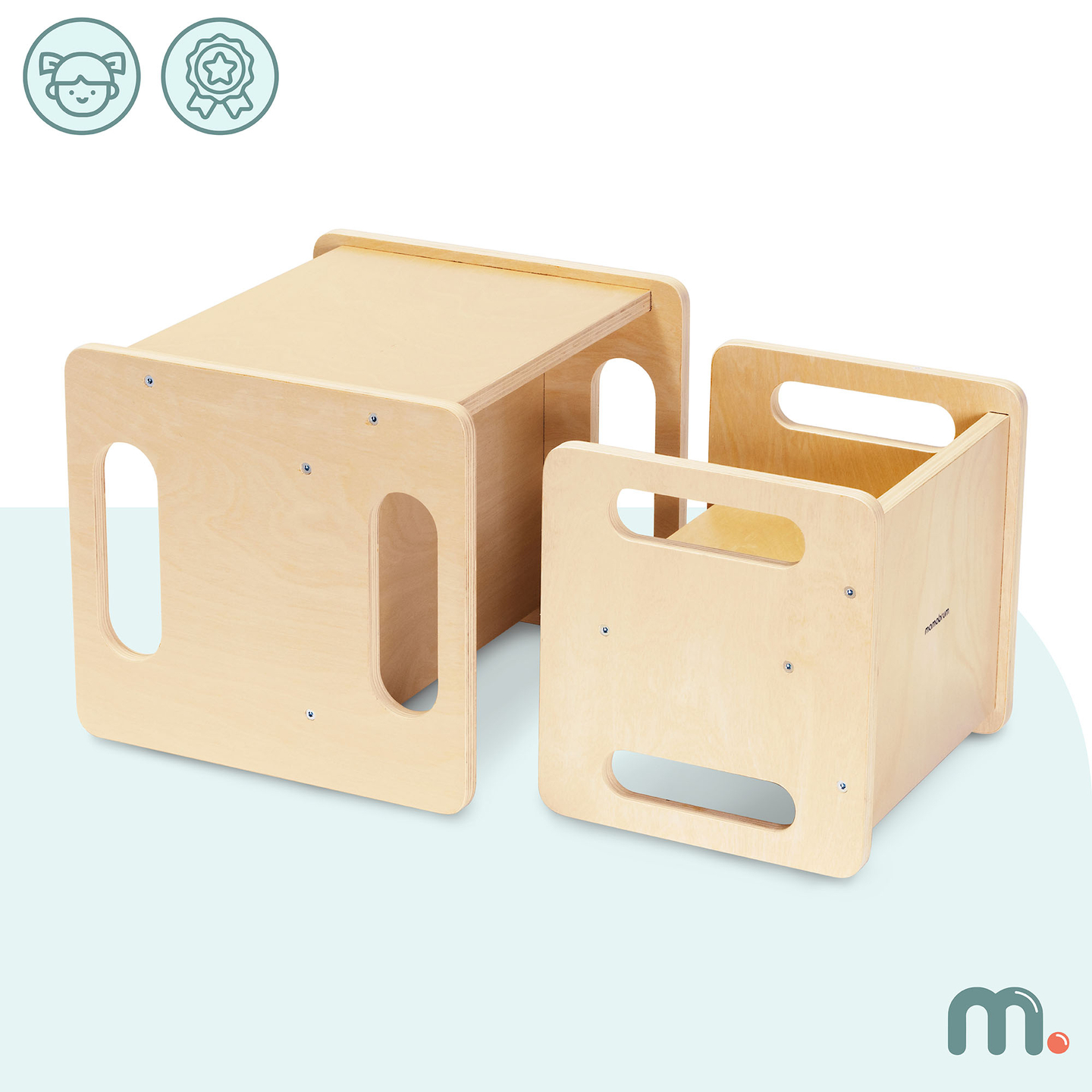 Mesa y silla de madera con función de trampolín: un conjunto Montessori multifuncional para niños