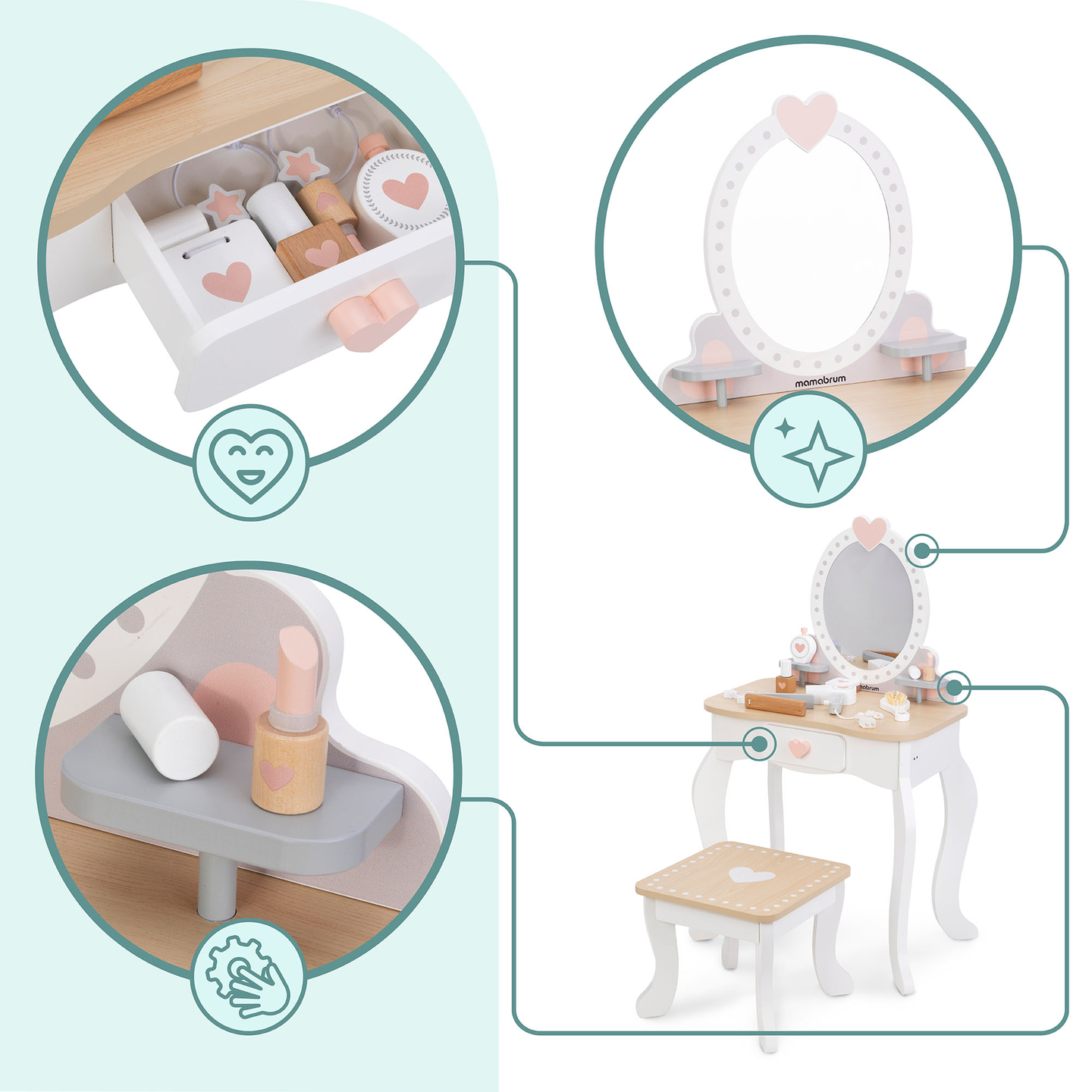 Tocador de madera con taburete y accesorios.