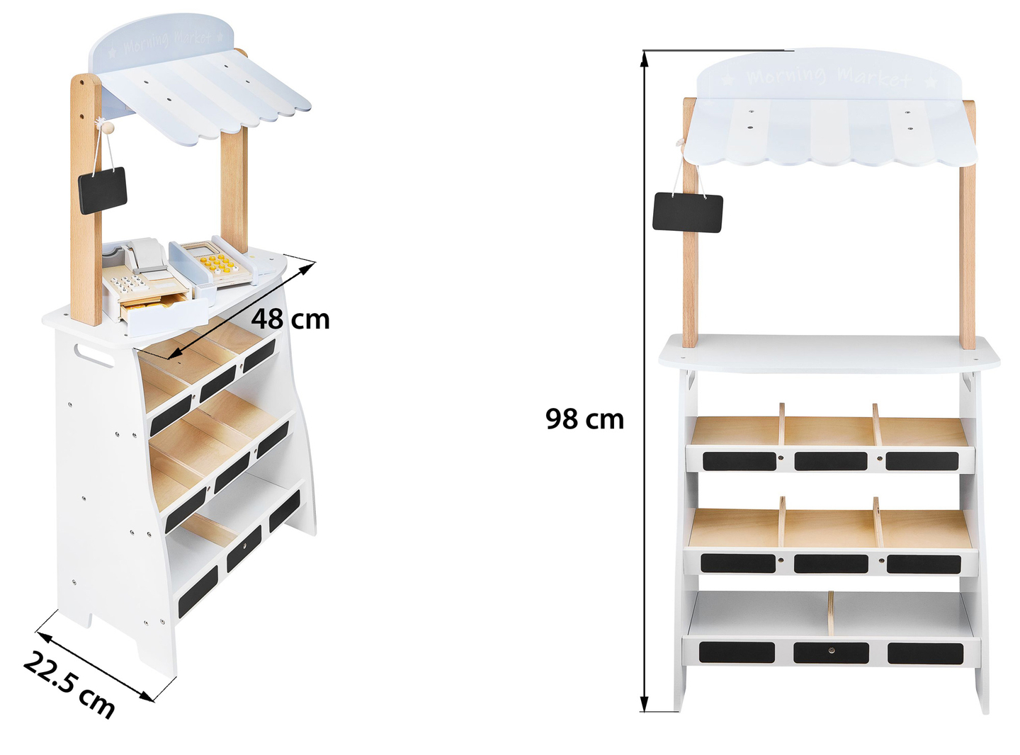 Tienda de comestibles: un puesto de madera con cajas, una caja registradora y una terminal