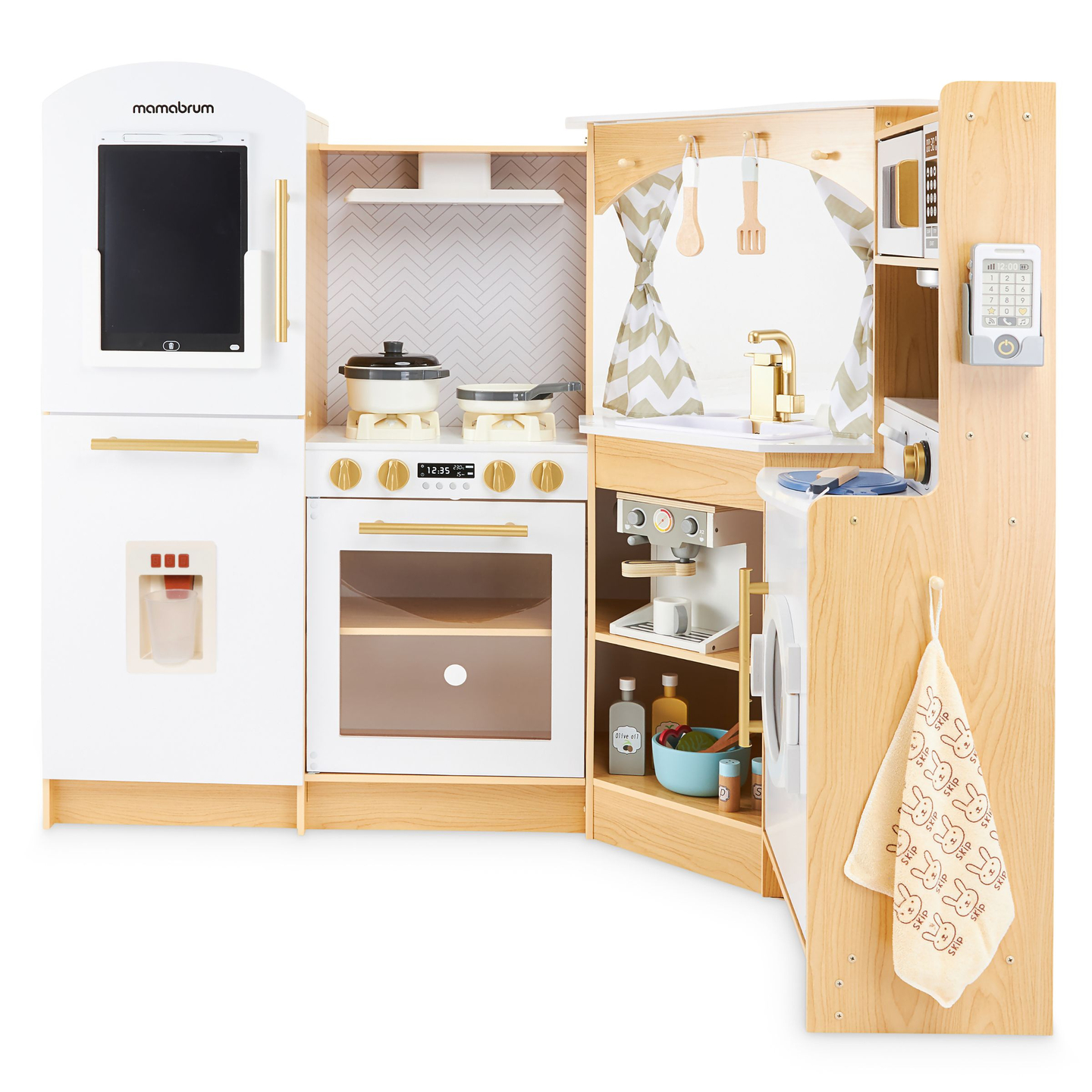 XXXXL gran cocina interactiva de madera con iluminación LED, lavadora microondas cafetera y juego de frutas y verduras - 50 elementos