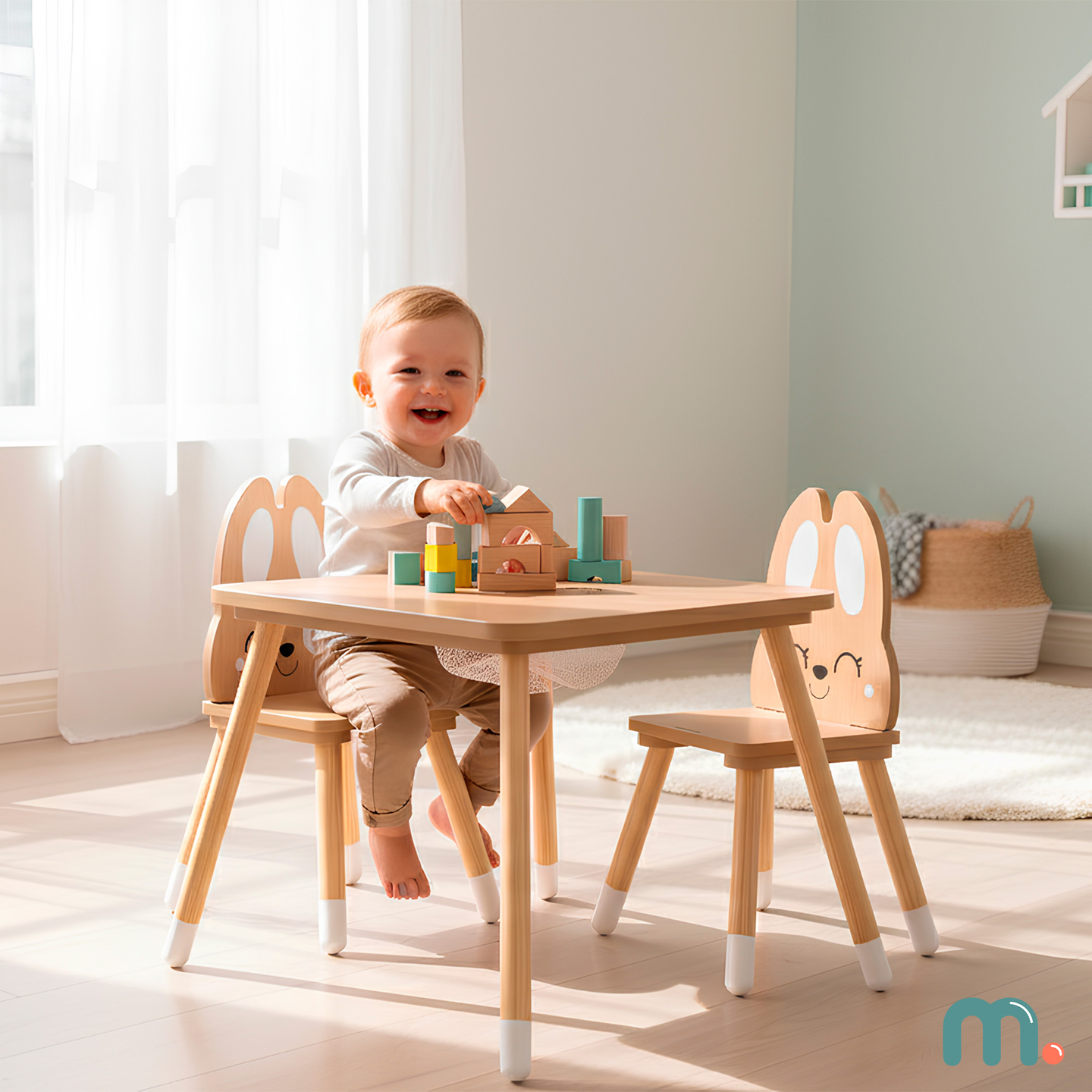 Mesa de madera con almacenaje y 2 sillas Conjunto infantil - Conejo Lindo