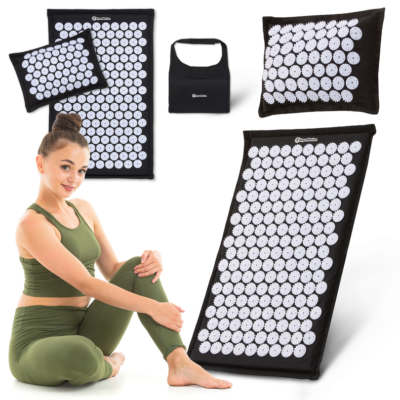 Esterilla de acupresión de lino ecológico con fibra de coco y cojín de trigo sarraceno – 68 cm HyperMotion Blanco y Negro